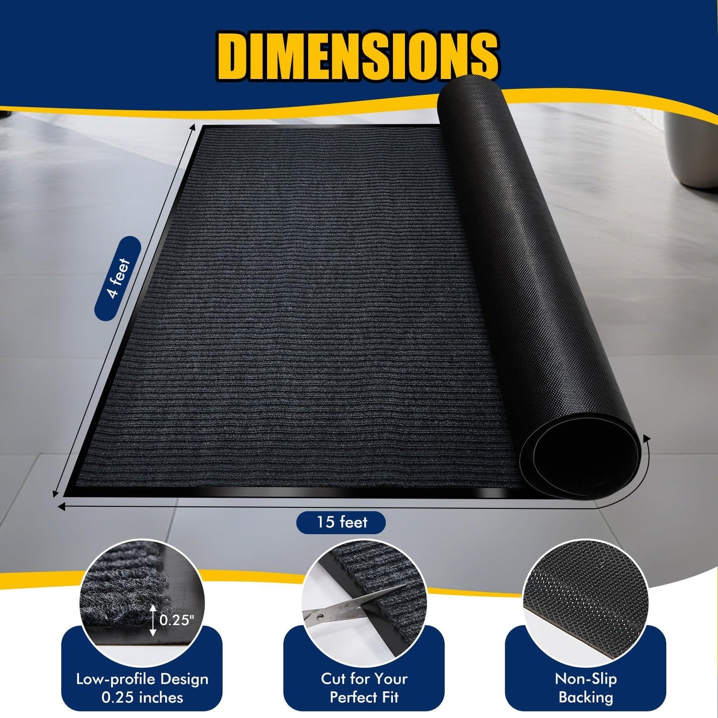Extra Large Indoor/Outdoor Entrance Mat - 4 x 15 Feet, Rubber Border Door Mat Heavy Duty, Waterproof, Low-Profile, Easy to Clean, Rubber Entry Mat,Commercial Floor Mat, Charcoal Grey