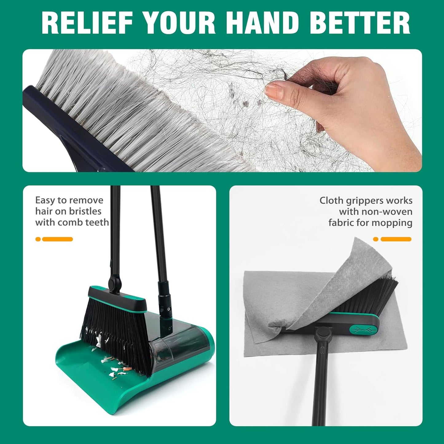 JEHONN Broom and Dust Pan, Upgraded Large Foldable Dustpan with Comb Teeth, 53.5 inches Long Handle Swivel Brush Indoor for Home Kitchen Lobby Floor Cleaning (Green)