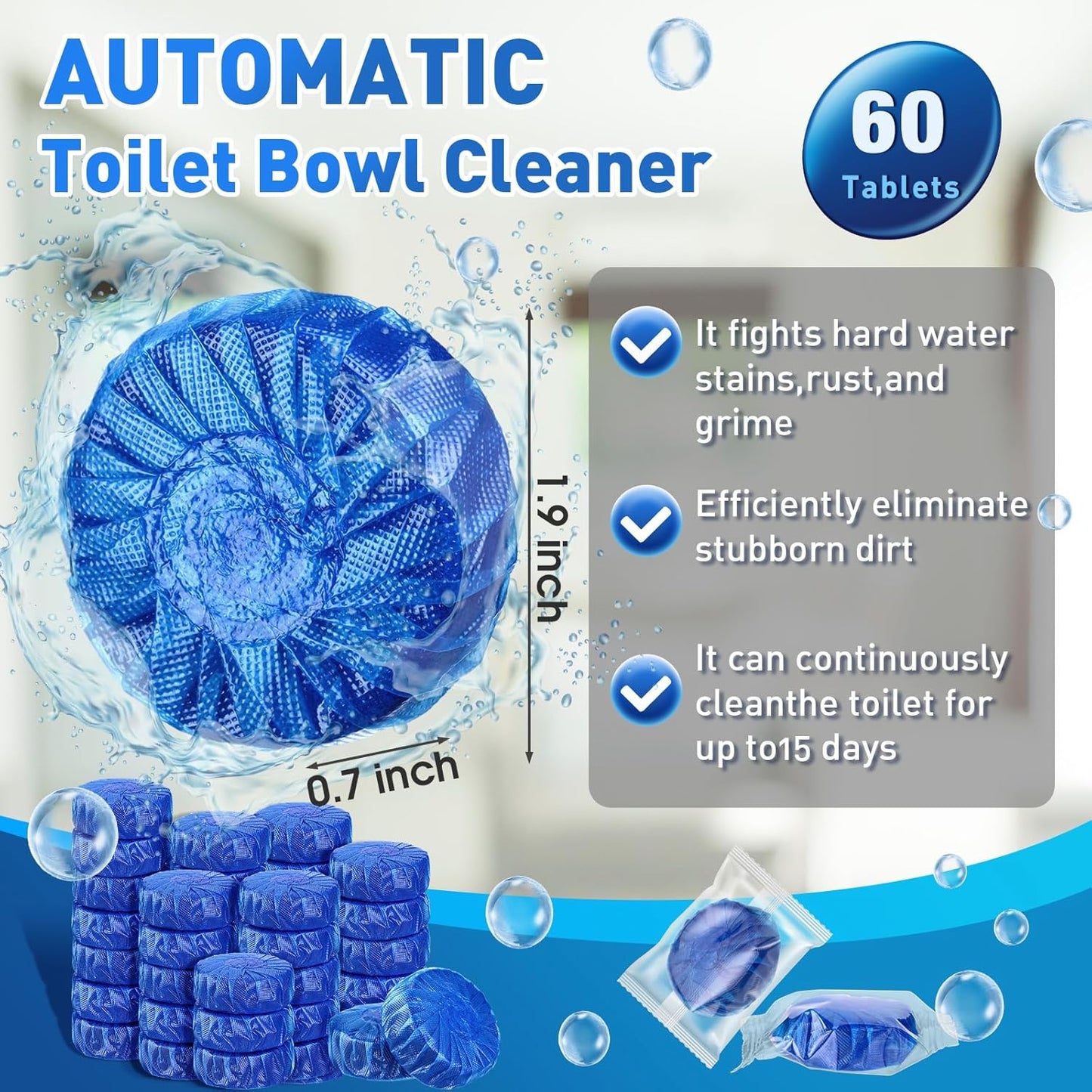 Qualirey 60 Pack Automatic Toilet Cleaner Tablets Toilet Bowl Long Lasting Bathroom Tank Tablets (Blue)