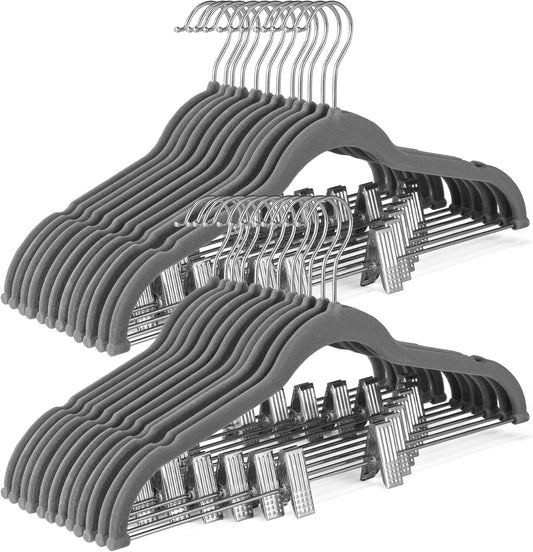 HOUSE DAY Velvet Skirt Hangers 24 Pack, Gray Hangers with Adjustable Clips, Space Saving Slim Velvet Pant Hanger, Heavy Duty Non Slip Clip Hanger for Pants, Skirts, Shorts