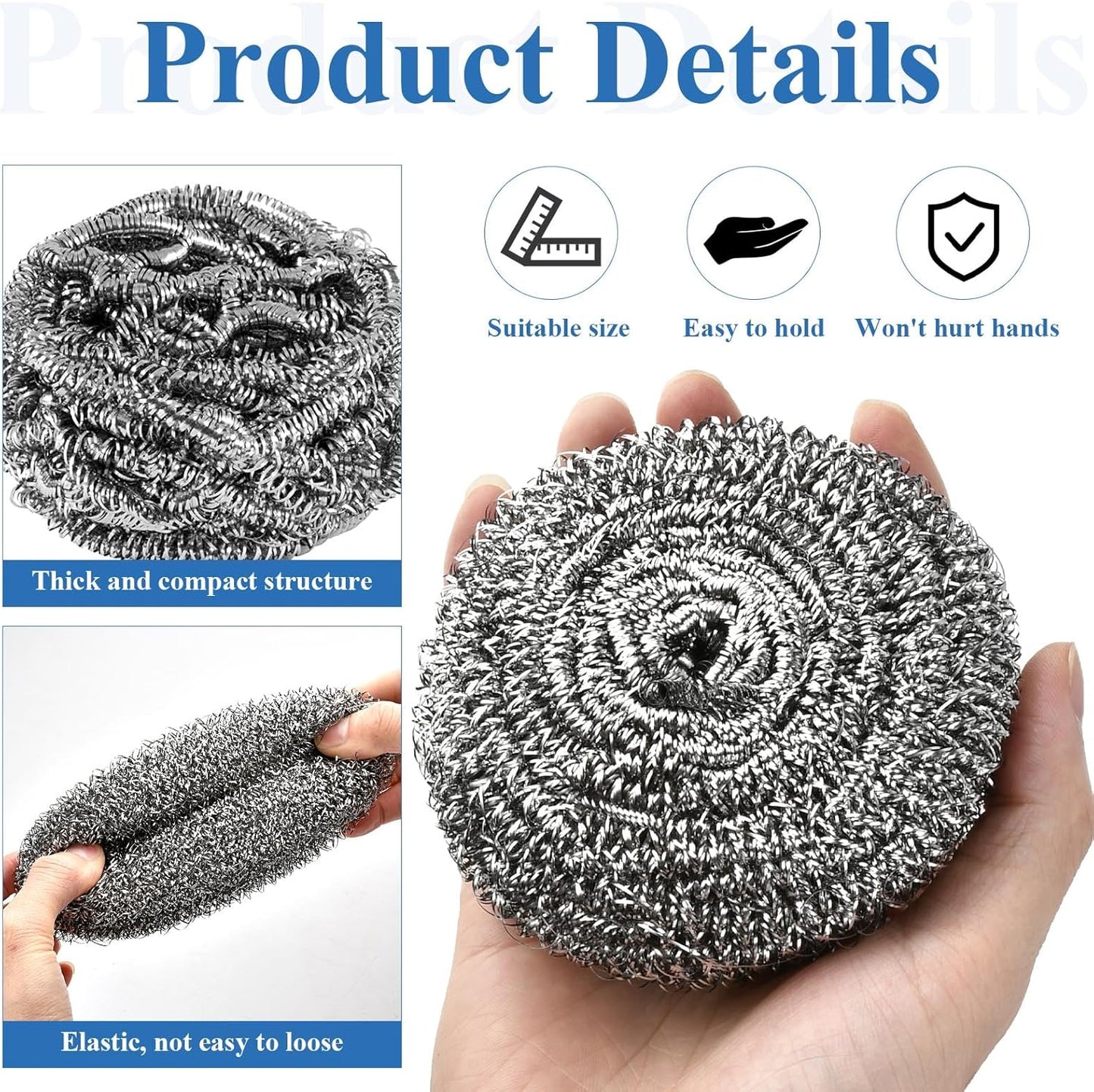 40 Pcs Stainless Steel Scrubber Bulk, Heavy Duty Steel Wool Scrubber 40 Gram, Large Metal Sponge Wire Scouring Pad for Tough Cleaning Kitchen Cookware, Removing Rust Dirty