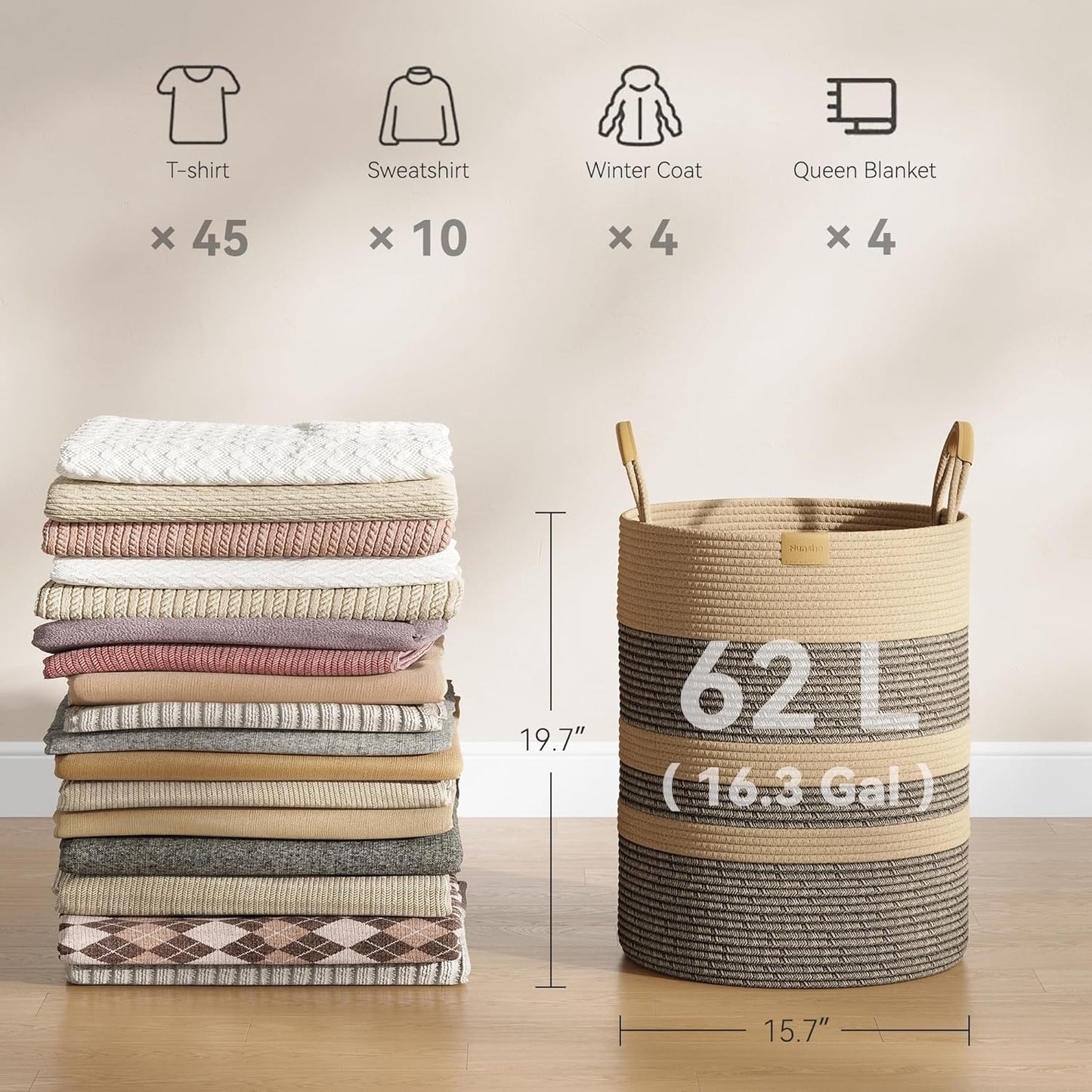 62L Striped Laundry Hamper with Leather Handles,Large Foldable Laundry Basket for Clothes,Cotton Rope Storage Bin for Blankets,Woven Clothes Basket for Bedroom,Dark Brown Stripes