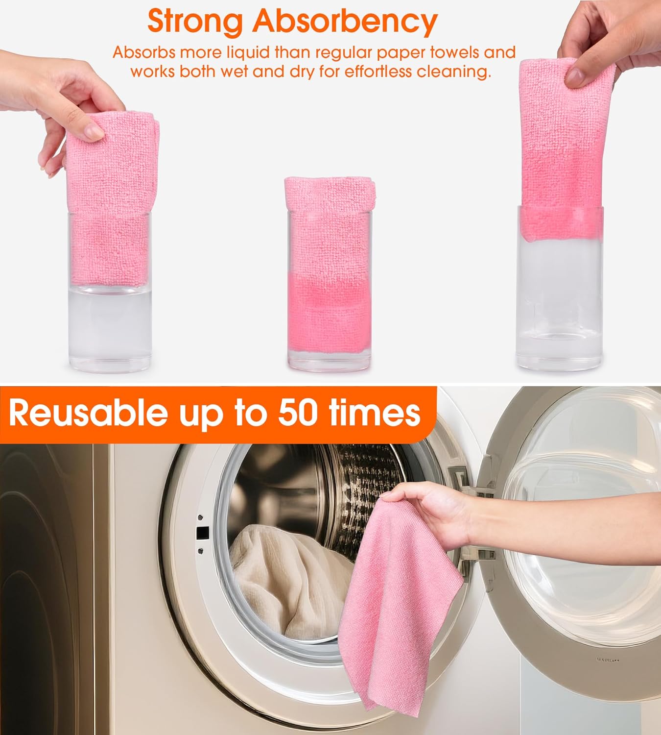 Roll of Microfiber Cleaning Cloth –100 Pack, Tear Away Microfiber Towels, Reusable, Washable, Scratch-Free, Cleaning Supplies,Kitchen Towels for Car, Home, Kitchen, Dishes (Pink)