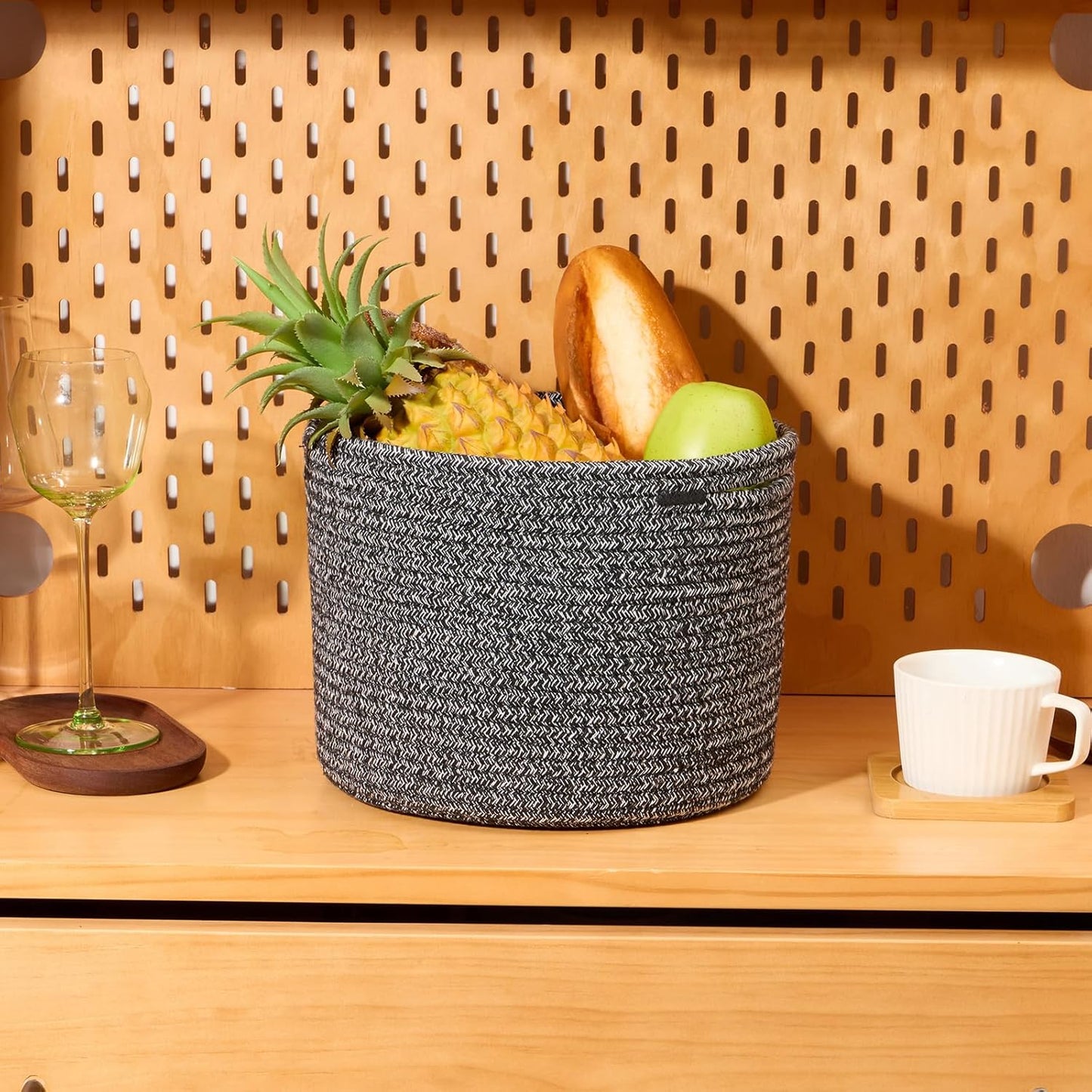 Small Basket for Organizing | Cube Shelf Closet Storage Baskets | 9.7×9.7×7.1” | Woven Rope Gift Basket | Nursery | Round 3 Packs Dark Gray