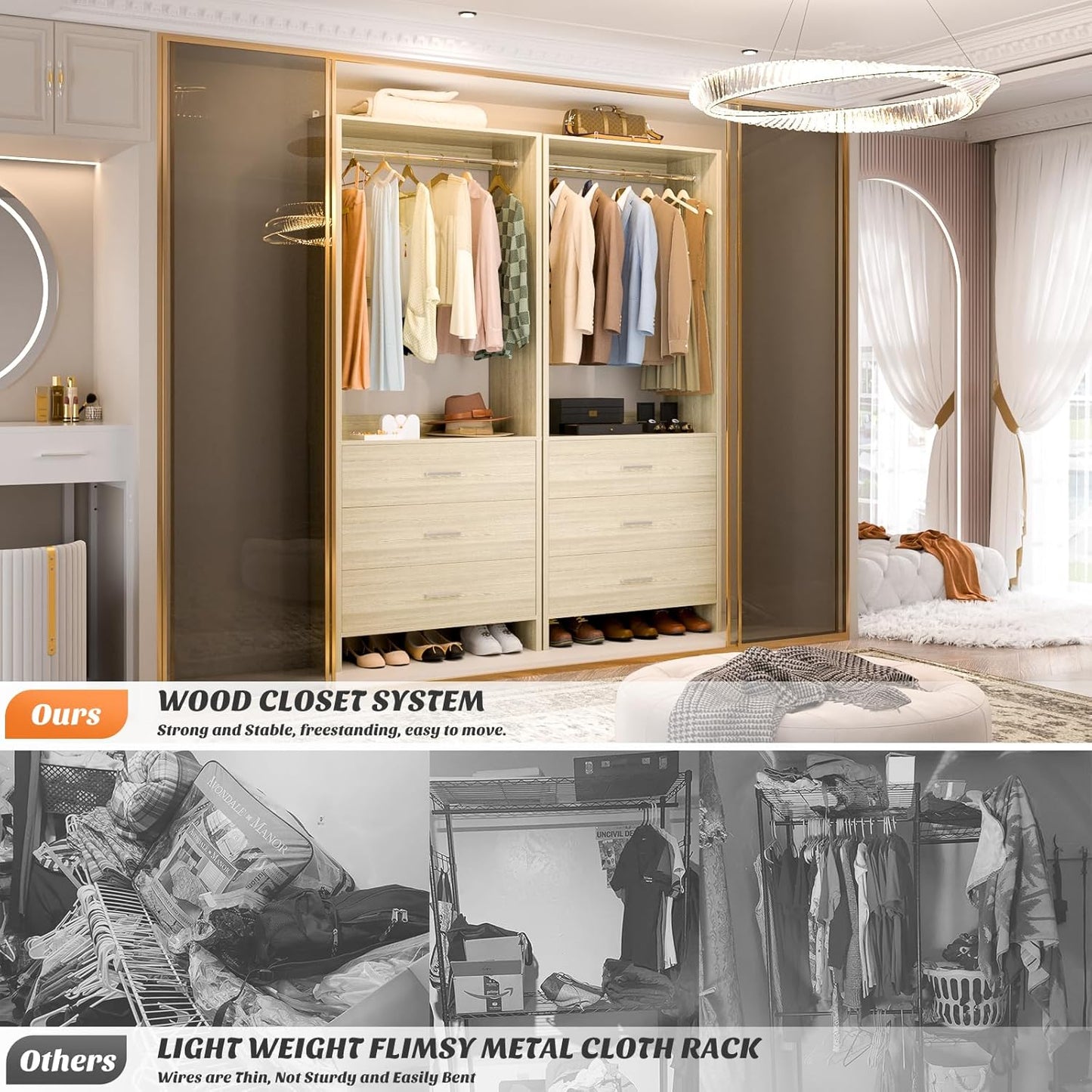 Aheaplus 2FT Closet System with 3 Drawers, 24’’ Closets Organizer, Wood Closet Organizer System, Walk-in Closets or Small Wardrobe, Clothes Rack with Hanging Rods, White Oak