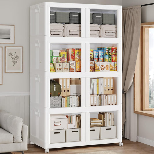 200GAL Large Stackable Storage Bins with Lid and Wheels, 800Qt Collapsible Organizer Cabinet with Clear Door, for Closet, Bedroom, Kitchen, Garage, 4-Pack White