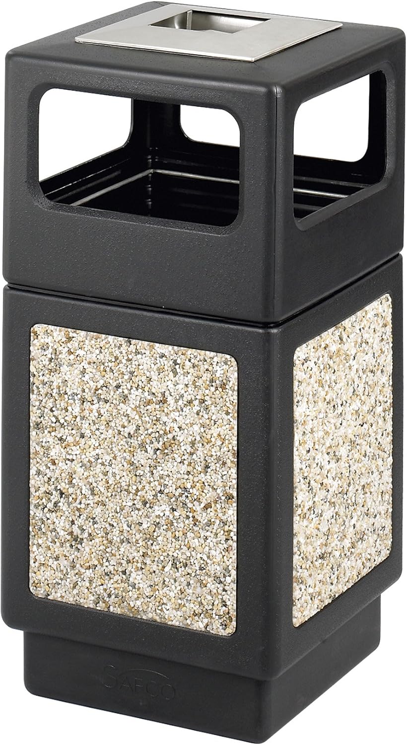 Safco Canmeleon Trash Can, 30 Gallons, Indoor and Outdoor Use, Durable & Weather-Resistant Commercial Garbage Can with Ashtray and Stone Panels, Black