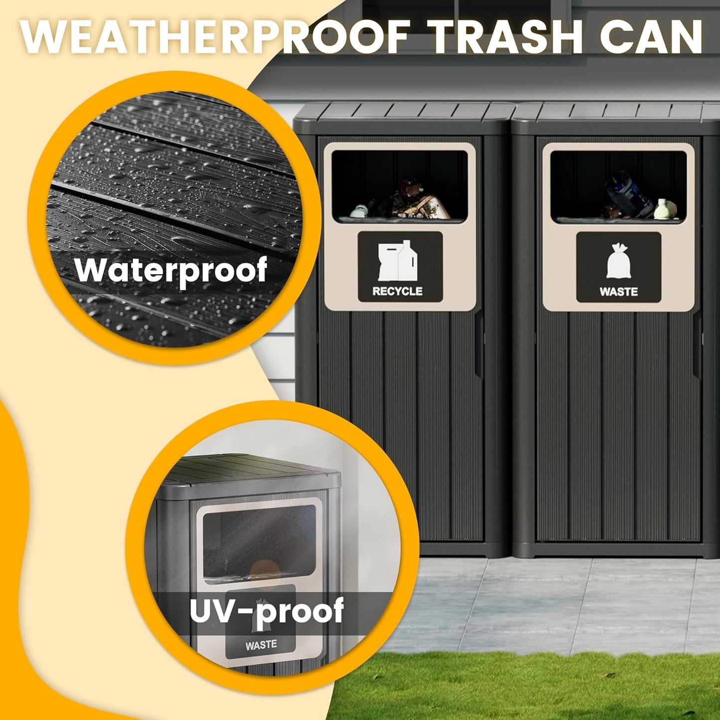 2pcs Outdoor Trash Can Waterproof Resin Garbage Can with Garbage Labels Outdoor Trash Bin for Patio, Garden,Kitchen, Black