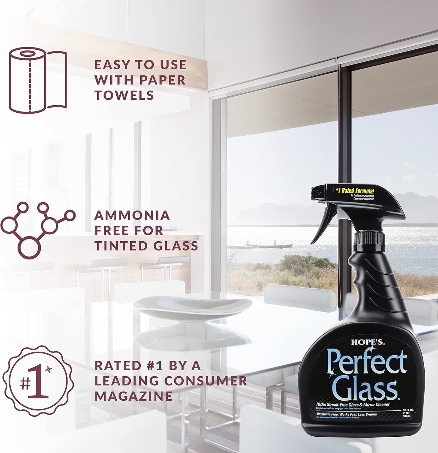 HOPE'S Perfect Glass Cleaner Spray, Streak-Free, Ammonia-Free Window, Mirror, Screen, and Shower Door Cleaner, Indoor and Outdoor Glass Surfaces, 32 Fl Oz, Pack of 1 With Microfiber Cloth