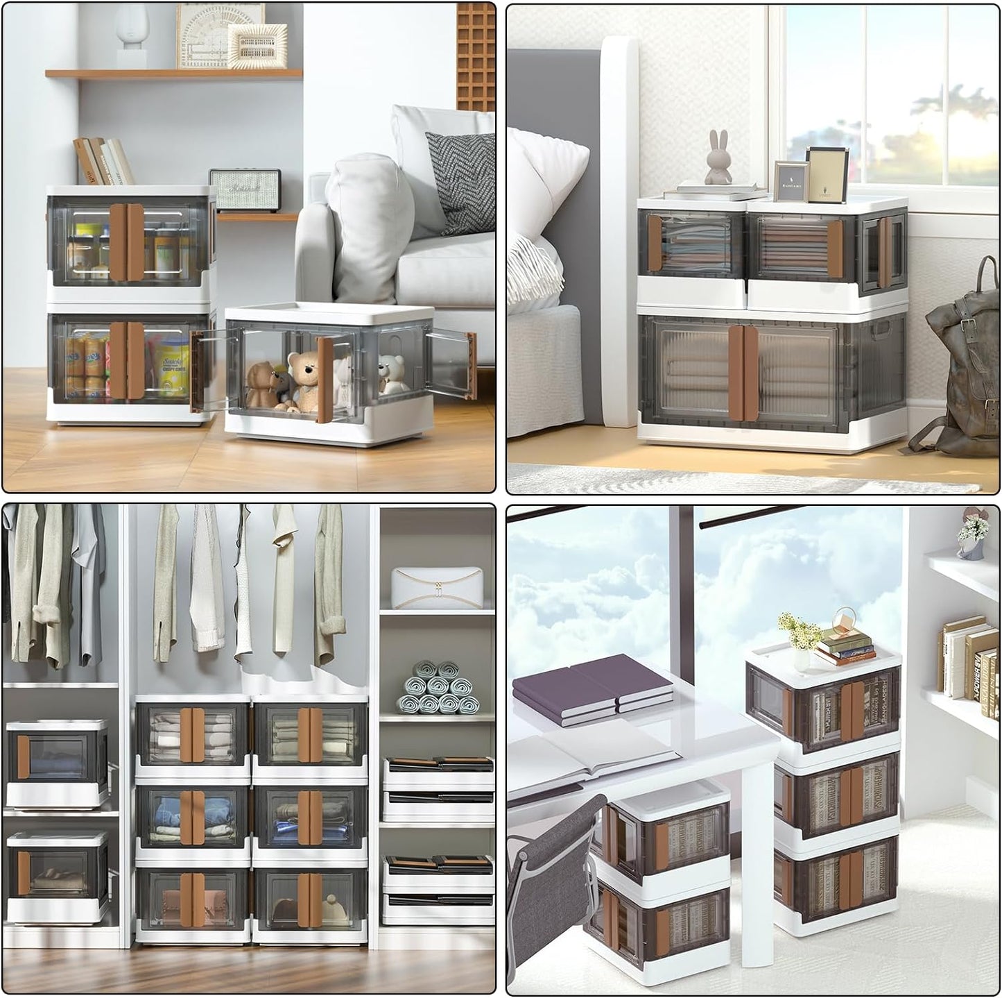 HAIXIN Folding Storage Bins with Left Doors and Right Doors Opening, 6.86 Gal Bookcase, Stackable Storage Cabinet, Plastic Shelves Organizer, Space-Saver Pantry Storage, Room Organization, 6 Pack