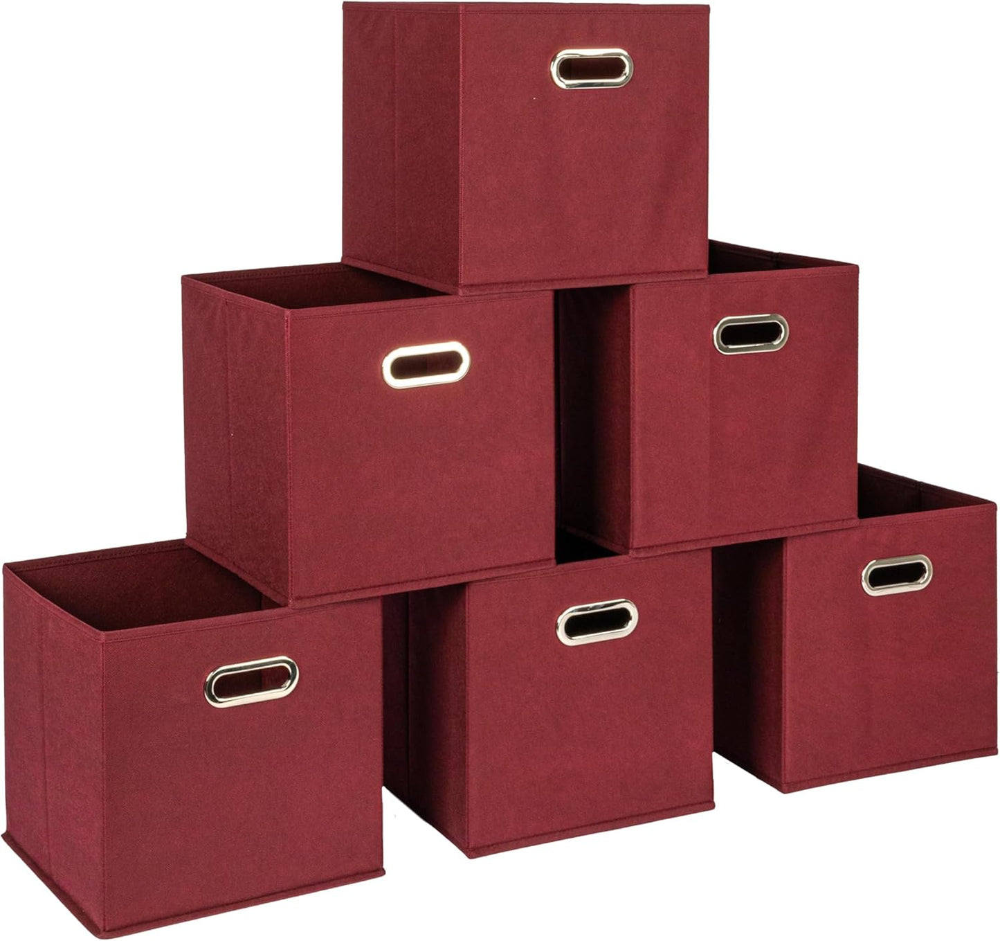 Household Essentials Fabric Storage Cube Bins, 6 Piece Set, Strong Poly-Woven Fabric, Chipboard Sides, Grommet Front Handle, Stackable and Foldable, Classic Design, Burgundy