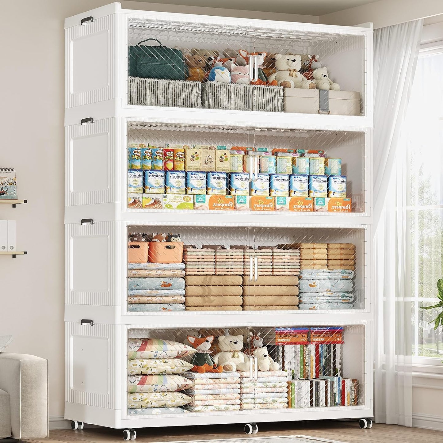 320GAL Extra Large Storage Bins with Lid, 1280QT Collapsible Organizer with Wheels, Stackable Closet Cabinet with Doors, Folding Storage Containers for Home, Office, Dorm, 4Pack White