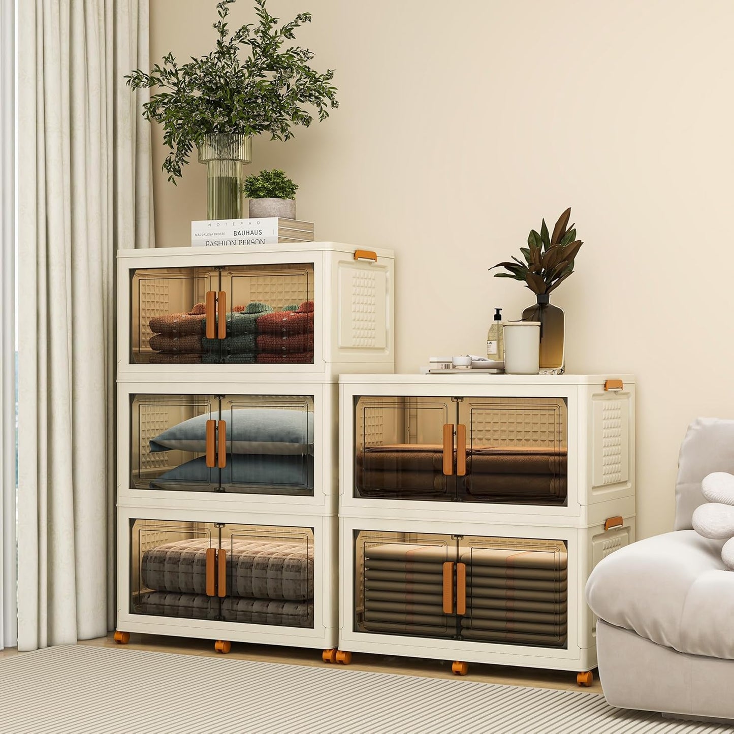 3 Tier Extra Large Stackable Storage Bins with 1 Lid 155 QT/Tier, Collapsible Plastic Box Storage Bin with Wheels, Home Containers Boxes Closet Organizers forLiving Room, Office, Dorm