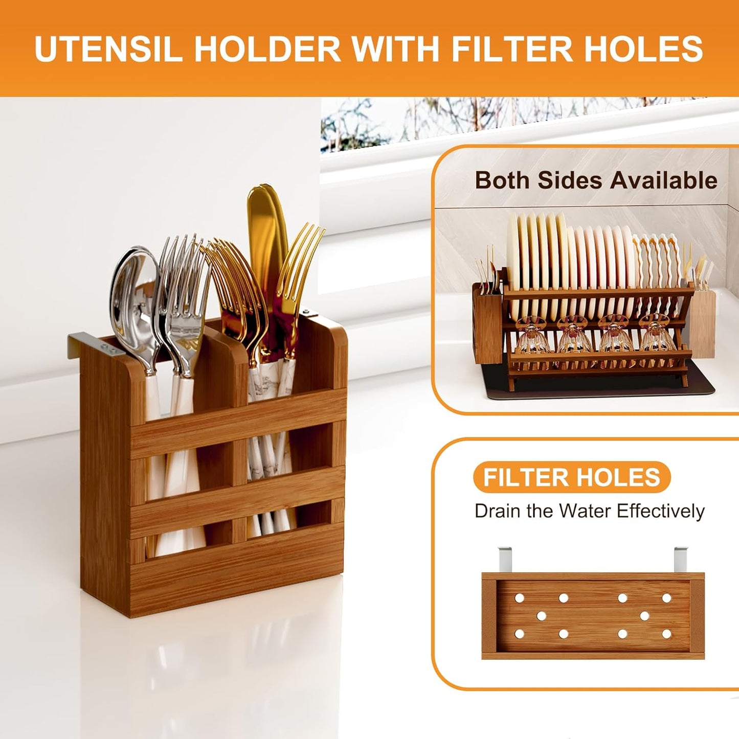 Greenual Teak Dish Drying Rack with Utensil Holder, 2 Tier Collapsible Dish Rack, Wooden Dish Racks for Kitchen Counter, Folding Drying Holder with Absorbent Dish Drying Mat