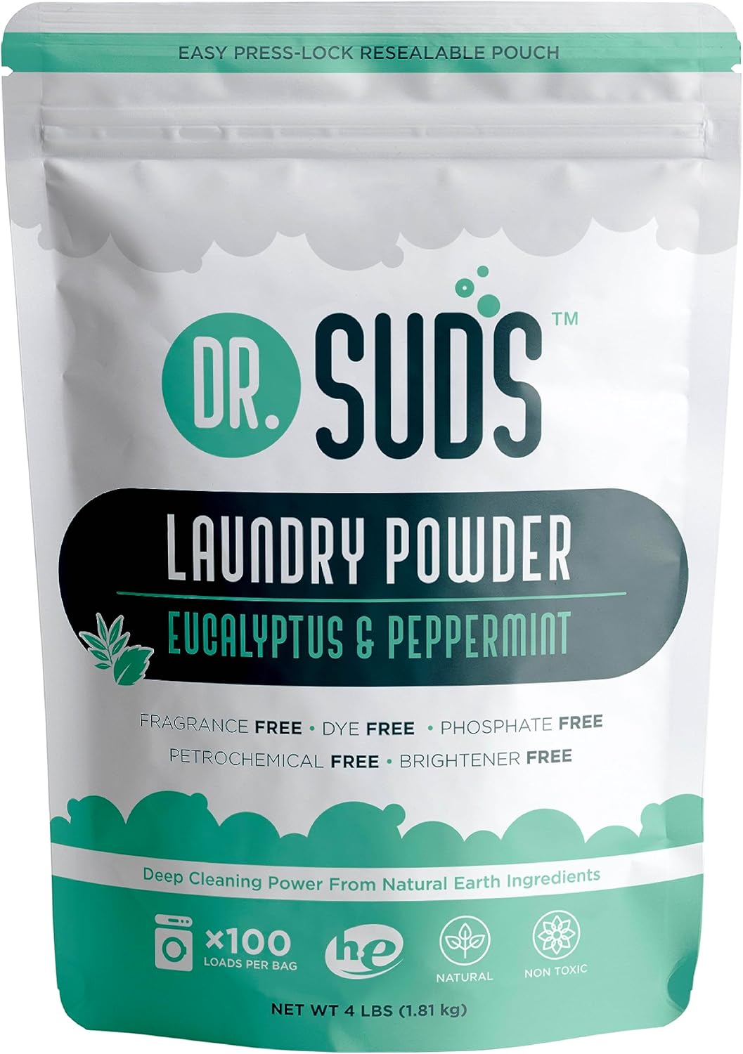 Dr Suds Natural Laundry Detergent Powder 4 Lbs 100+ Loads Scented with Eucalyptus and Peppermint Made with Natural Earth Ingredients Made in USA