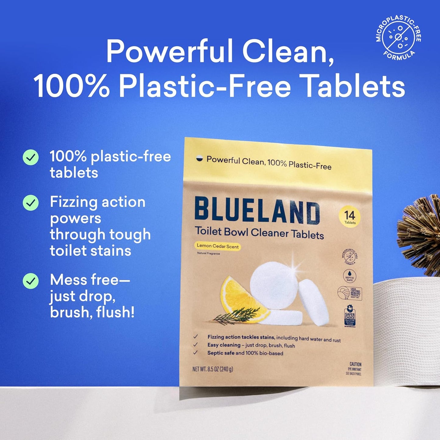 BLUELAND Toilet Bowl Cleaner Tablets, 2-Pack, 28 Count, Lemon Cedar, Plastic-Free, No Harsh Chemicals, Plant-Based