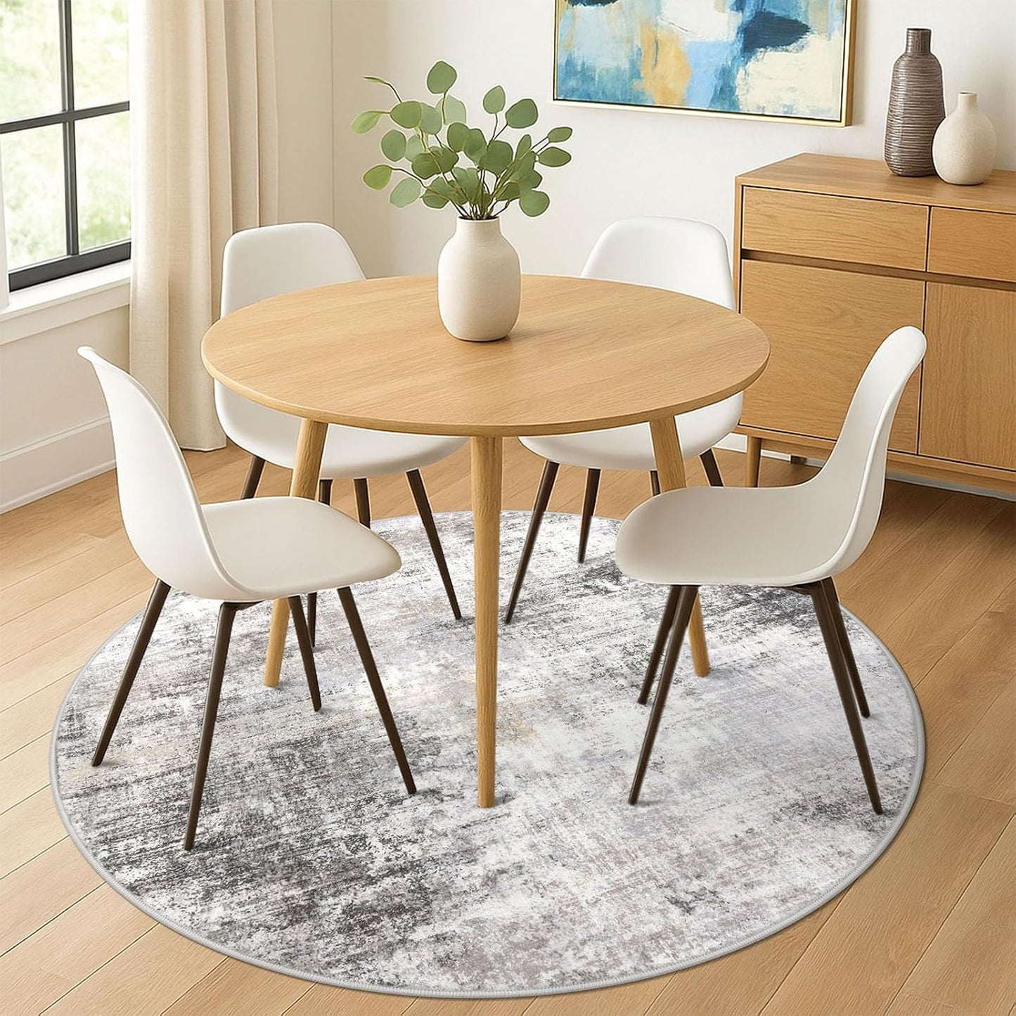 IOHOUZE Abstract Round Area Rug 6 Ft Washable Circle Rugs Large Round Rug Non Slip Thin Soft Circle Rugs, Printed Faux Wool Floor Carpet for Bedroom Living Room Dining Room Nursery, Grey Beige