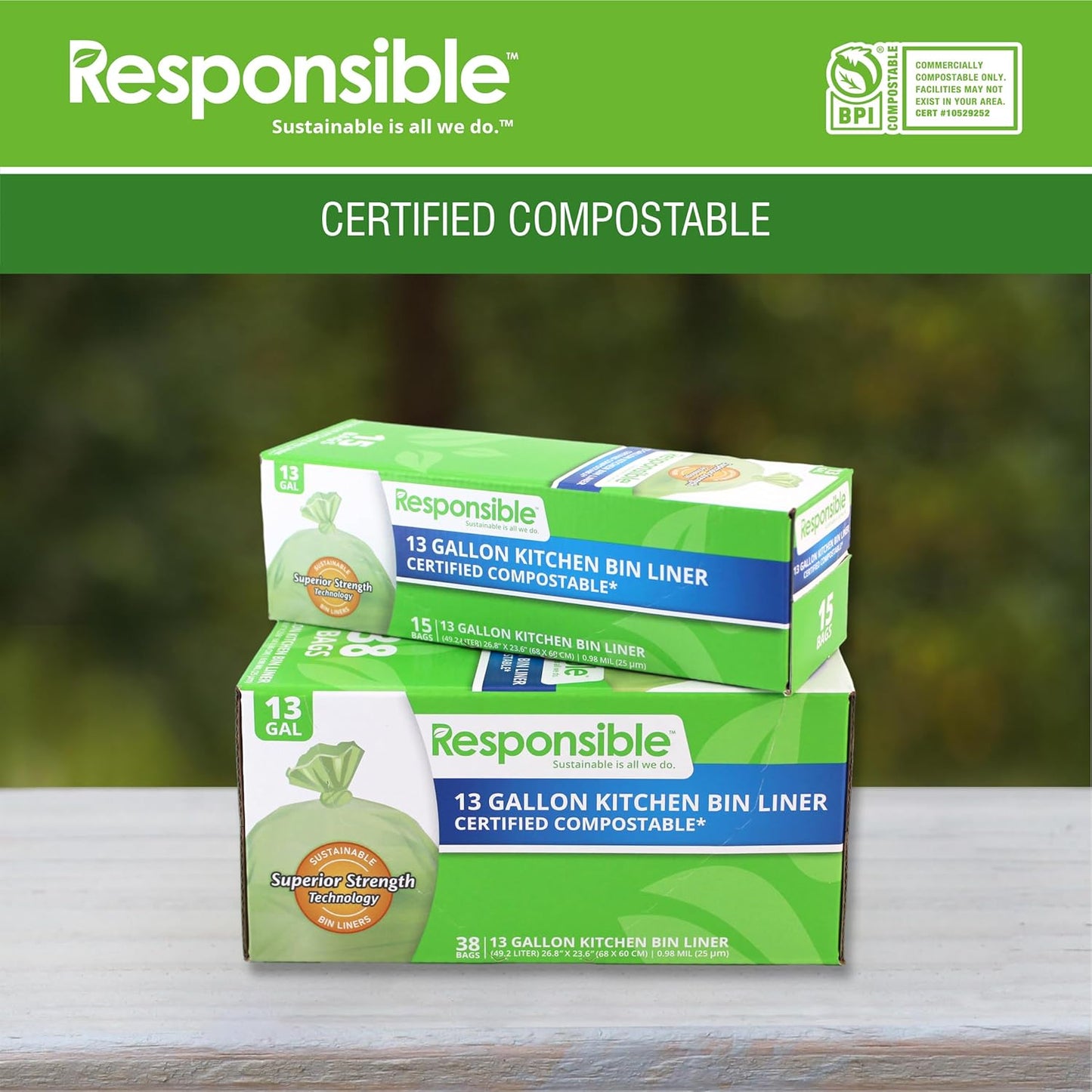 Responsible Products Kitchen Bin Liners, Certified Compostable, Heavy Duty Multipurpose Food Scrap Bags, Made from Compostable Materials (13 Gallon, 13 Gallon (15 Count))