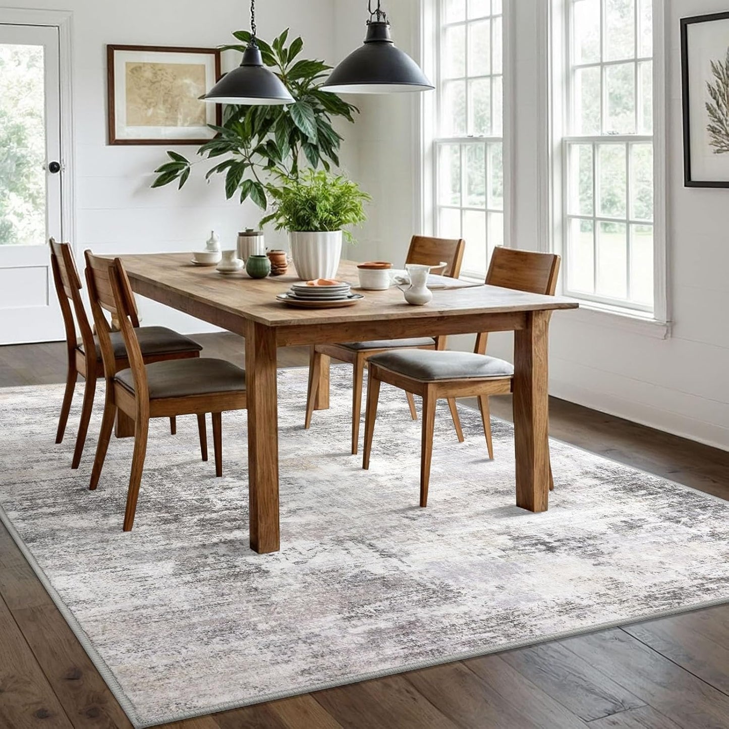 IOHOUZE Abstract Area Rugs 6x9 Ft Washable Rugs for Living Room, Non Slip Dining Room Rug, Printed Faux Wool Rugs for Bedroom, Floor Carpet for Office Nursery Playroom, Grey Beige