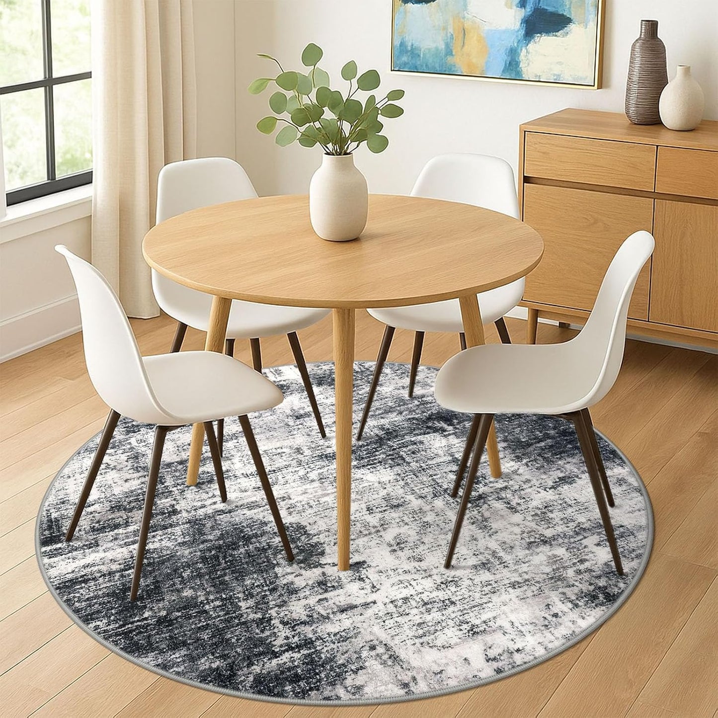 IOHOUZE Abstract Round Area Rug 6 Ft Washable Circle Rugs Large Round Rug Non Slip Thin Soft Circle Rugs, Printed Faux Wool Floor Carpet for Bedroom Living Room Dining Room Nursery, Black Grey