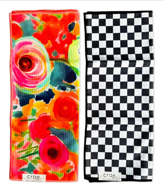 2 Double Sided Microfiber Hand Towels, 17x27 Inches Waffle Design Kitchen Towels Set, Durable & Soft Fast Drying Hand Wash Cloth and Dishcloth Perfect for Everyday (Pia & Fonnie - Black/Pink)