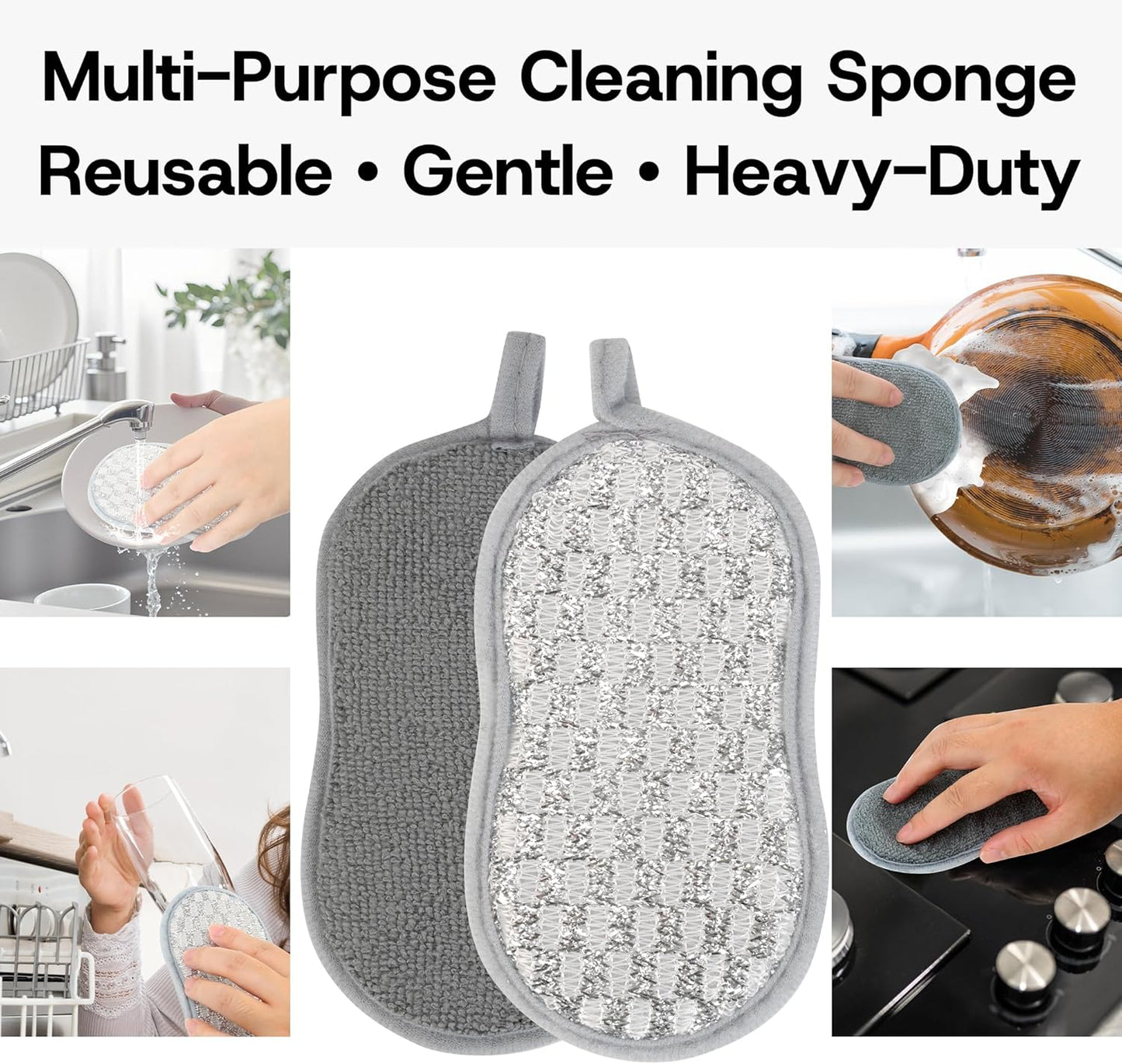Multi-Purpose Scrub Kitchen Sponges – 12 Pack Dish Sponge, Dual-Sided Non-Scratch Microfiber & Metal Scrubber, Reusable Heavy Duty Sponges for Dishes, Pots, Glass, Sink, Stovetop & Bathroom