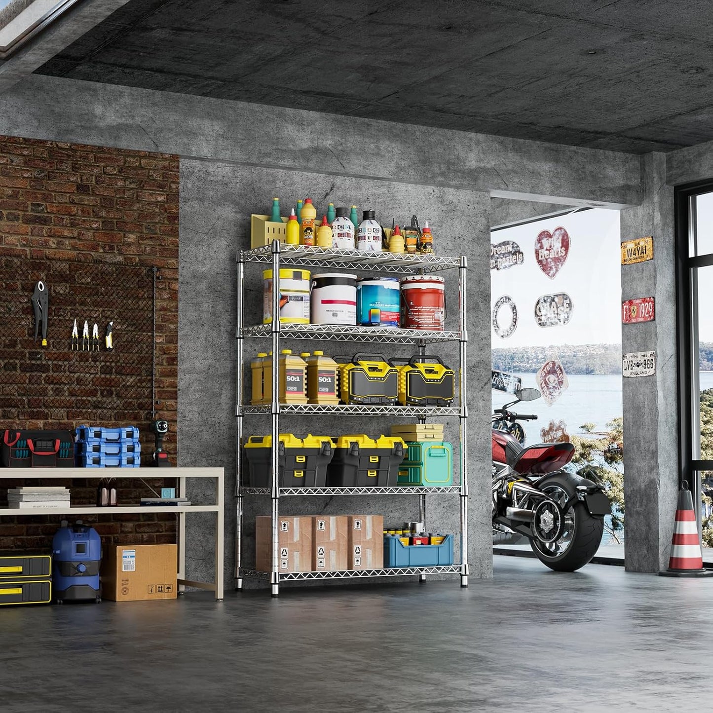 IZEUK 1750LBS Garage Shelving Wide Storage Shelves 5 Tier Metal Shelves Heavy Duty Adjustable Utility Shelf Rack (Chrome, 5 Tier, 15.7" D x 45.3" W x 70.9" H)