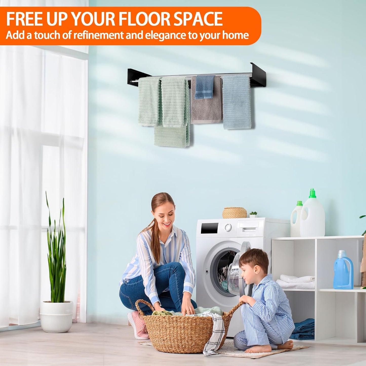 FOCHIER F Laundry Drying Rack Wall Mounted Clothes Drying Rack Collapsible with 5 Aluminum Rods and Drilling Template Long Screwdriver Bit 60 lbs Capacity (Black, 23.6“)