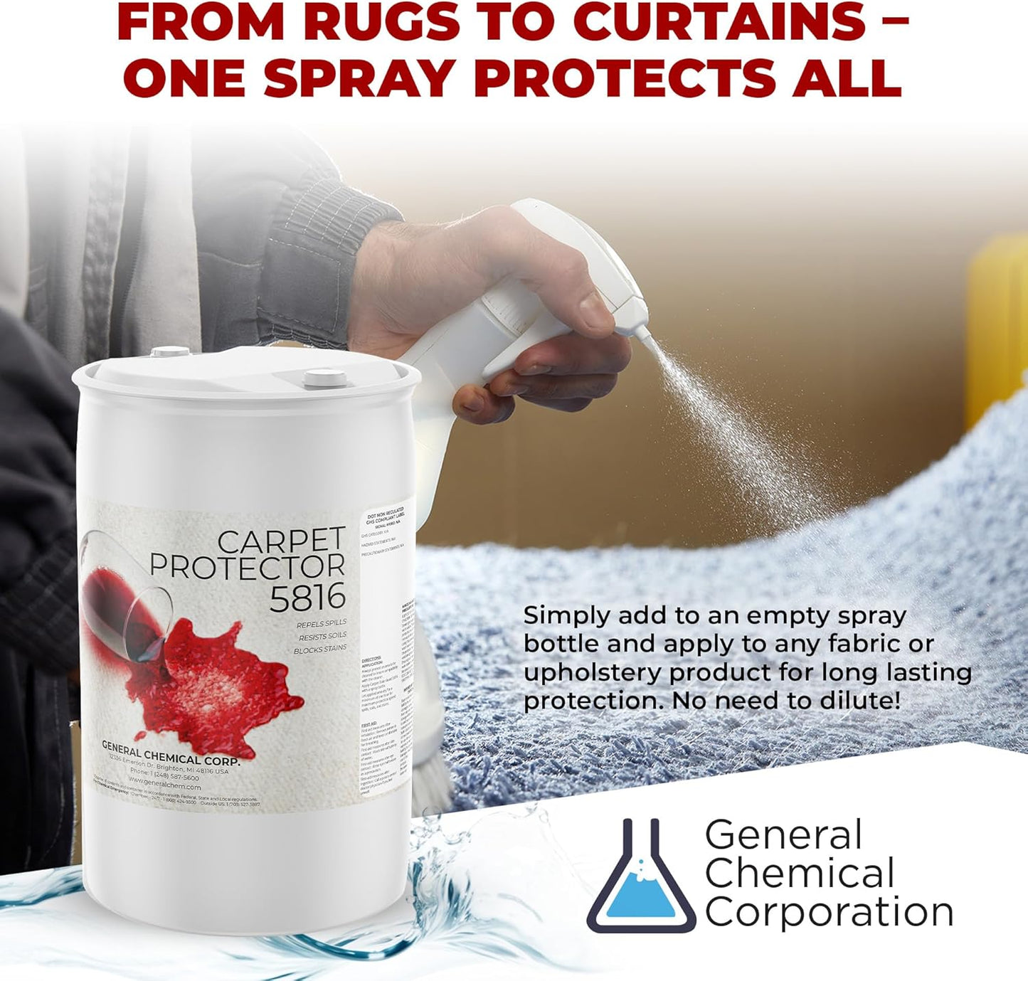 General Chemical Stain Shield Spray - Safe Fabric Protector Spritz and Stain Guard 5816 for Upholstery, Carpets, Rugs, Drapes & More - Impermeable Protectant Spray for Outdoor & Indoor Use - 55 Gallon