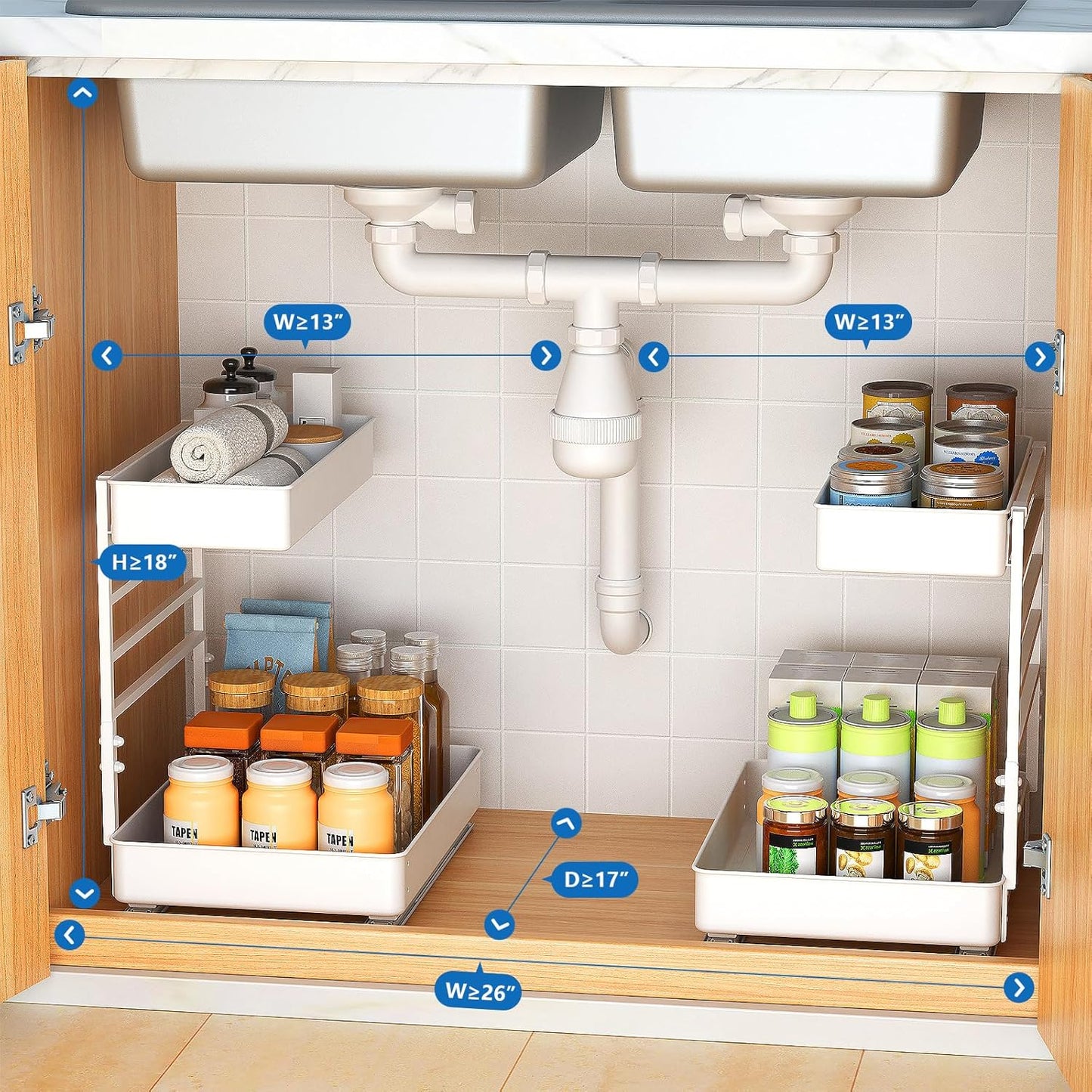 EVERIE Metal Pull Out Slide Shelf Organizer for Framed or Frameless Under Sink CabinetsOrganization in Kitchen, Bathroom, Counter, Cabinets (White, 1 Set)