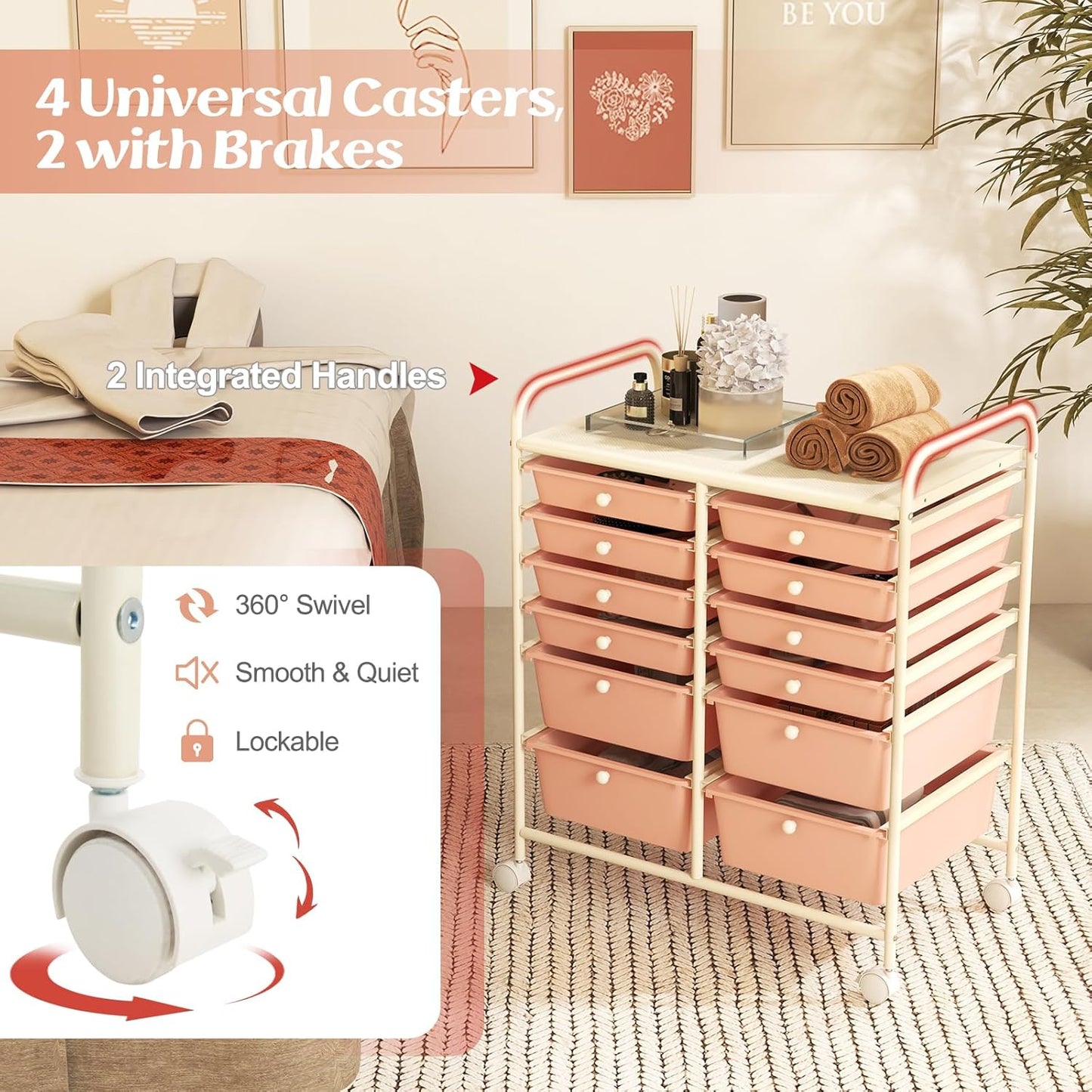 GOFLAME 12-Drawer Rolling Storage Cart, Multipurpose Organizer Cart with 2 Sizes Plastic Drawers, Mobile Utility Cart with Lockable Casters for School, Home Office, Beauty Salon, Peach Fuzz