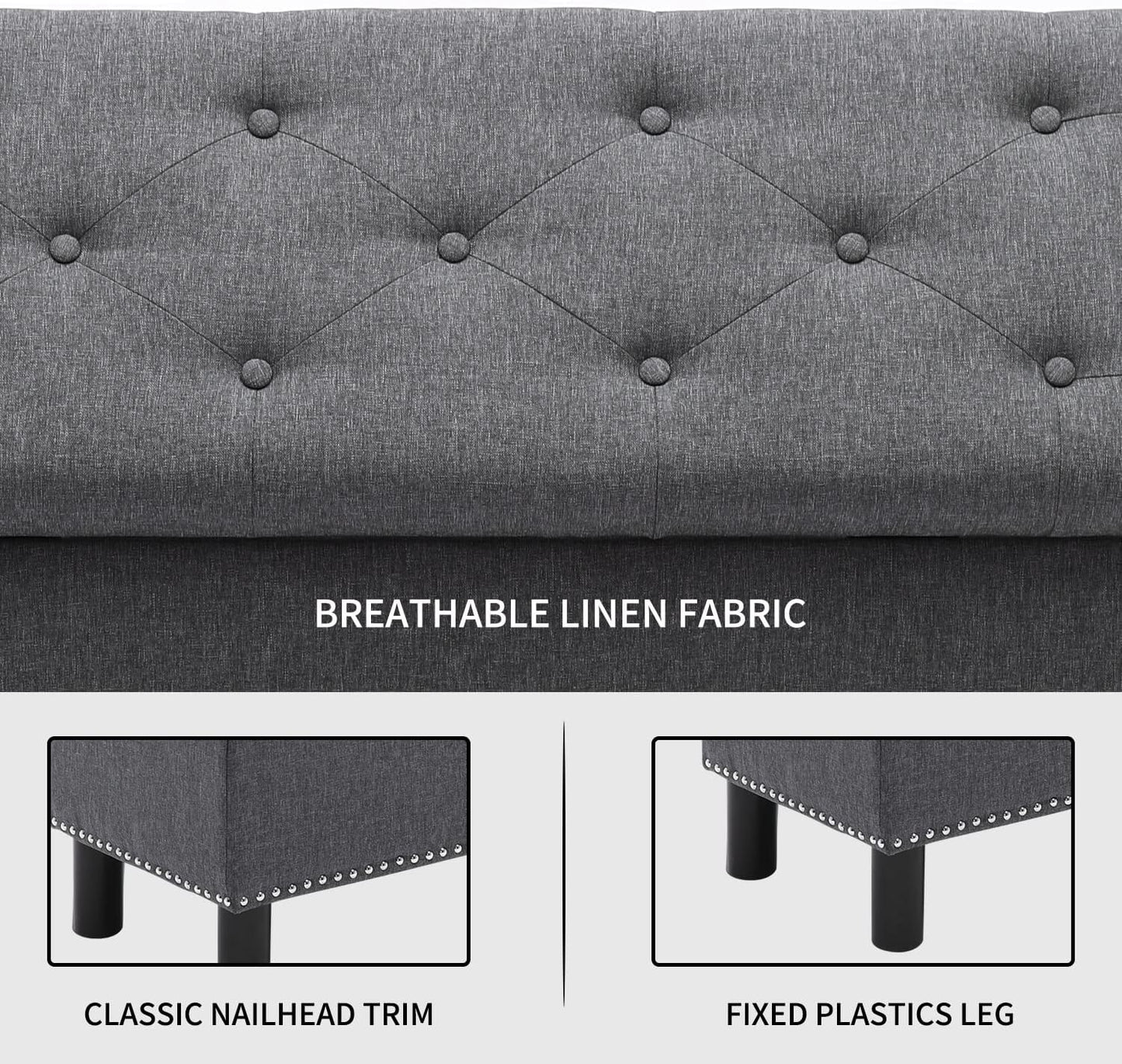 Furnimart 42.5 Inch Storage Ottoman Bench, Flip Top End of Bed Storage Bench, Upholstered Blanket Bench for Bedroom, Entryway, Living Room, Tufted Linen (Dark Grey)