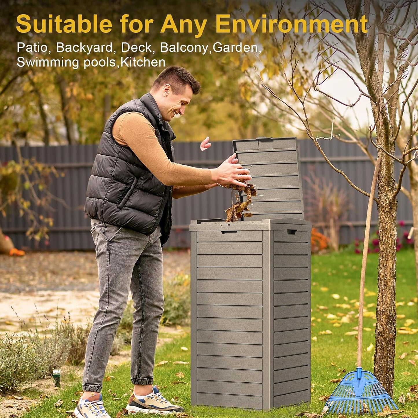 31 Gallon Outdoor Trash Can with Tiered Lid and Drip Tray,Waterproof Resin Waste Bin Indoor,Durable,Stylish,Lightweight Garbage Bin for Patio,Kitchen,Backyard and Office(Gray)