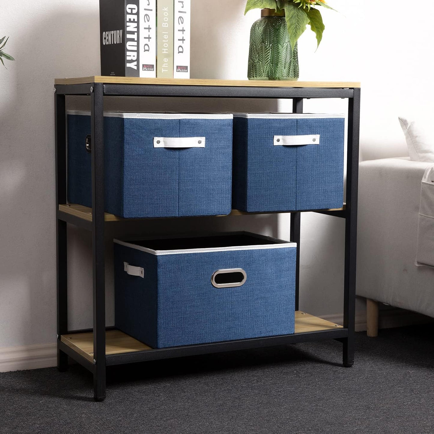 PRANDOM Larger Collapsible Storage Bins for Closet [5-pack] Decorative Linen Fabric Storage Baskets Cubes with Leather/Metal Handles for Living Room Royal Blue (17.3x12.2x10.4 Inch)