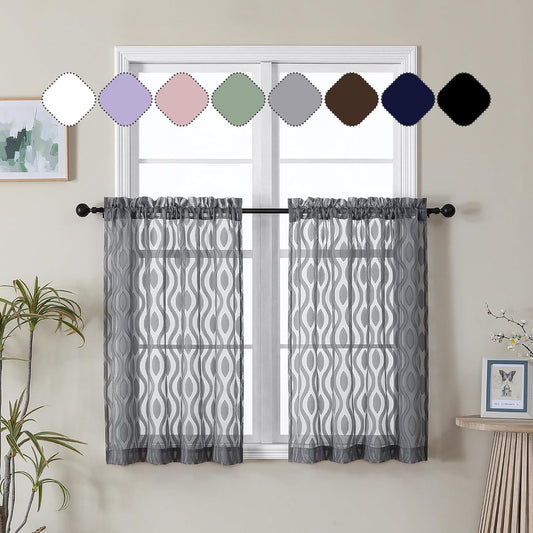 Aiyufeng Grey Sheer Curtains Tiers 36 Inch Length 2 Panels Set, Airy Lightweight Clip Jacquard Small Window Curtains, Modern Wavy Line Textured Voile Sheer Curtains for Small Windows, 40" Wx36 L Inch
