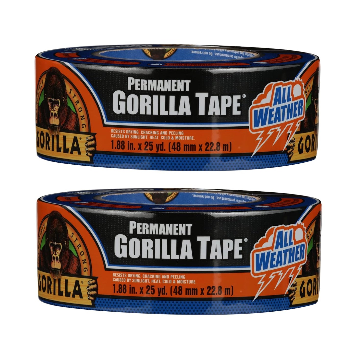 Gorilla All Weather Duct Tape, Black, 1.88" x 25 yd (Pack of 2) - UV and Temperature Resistant Waterproof Tape for Outdoor Repairs