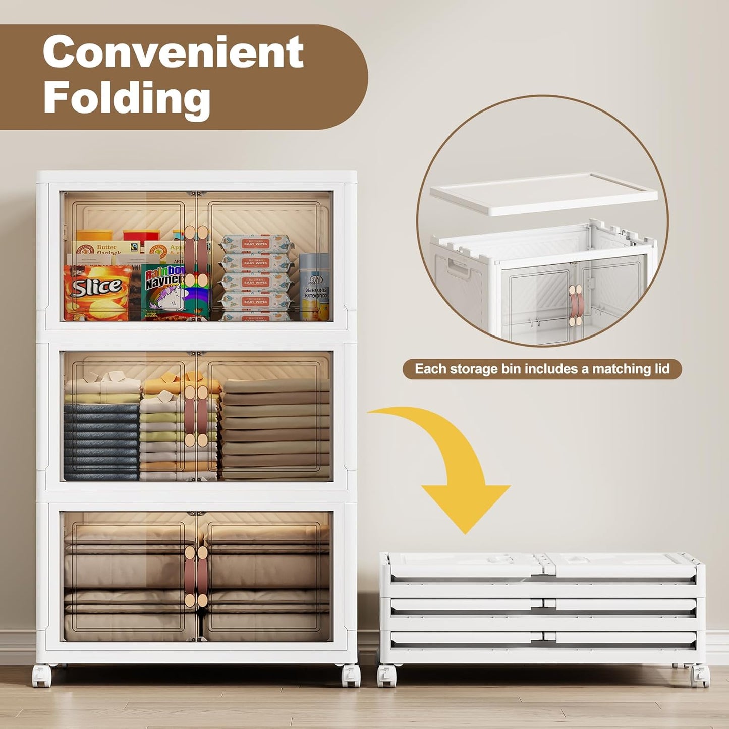 SAILUN 135QT Extra Large Collapsible Storage Bins with Wheels and Lid, Stackable Storage Bins Open Closet Organizers and Storage Storage Containers Drawers,19.7" L × 12.6" W × 34.8" H（3 Pack）