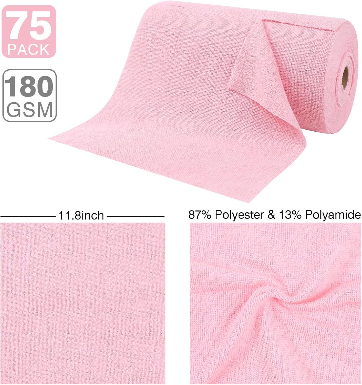 Microfiber Cloth Roll 75 Pack, 180GSM, Tear Away Microfiber Towels 12x12 Inch, Reusable Cleaning Rags for Car Detailing, Kitchen, Dishes, House Cleaning, Windows, Glass, Garage, Shop (Pink)