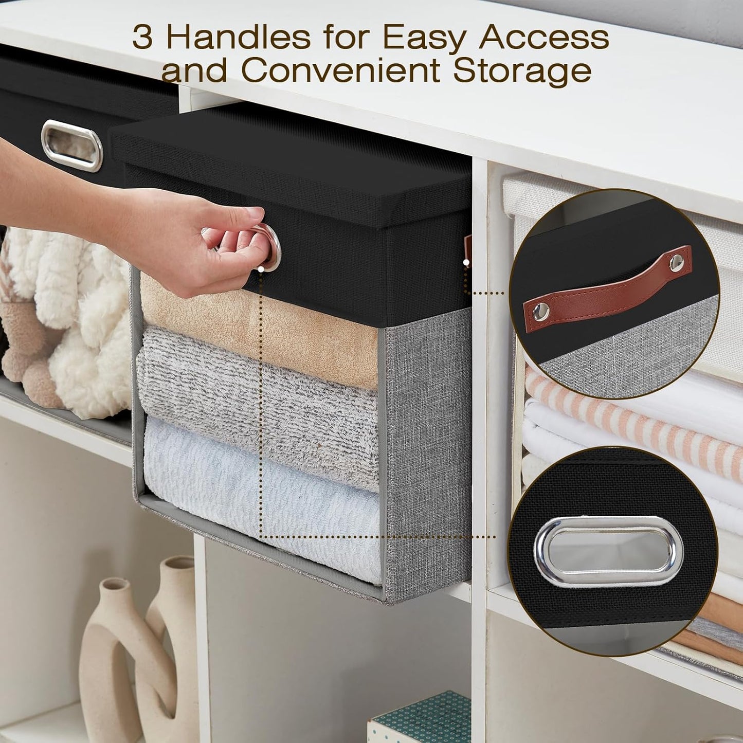 Fabric Storage Cubes with Clear Windows and Lids 11'' Foldable Storage Bins with 3 Handles, Decorative Storage Boxes for Home, Bedroom, Closet, Office (Black&Gray)