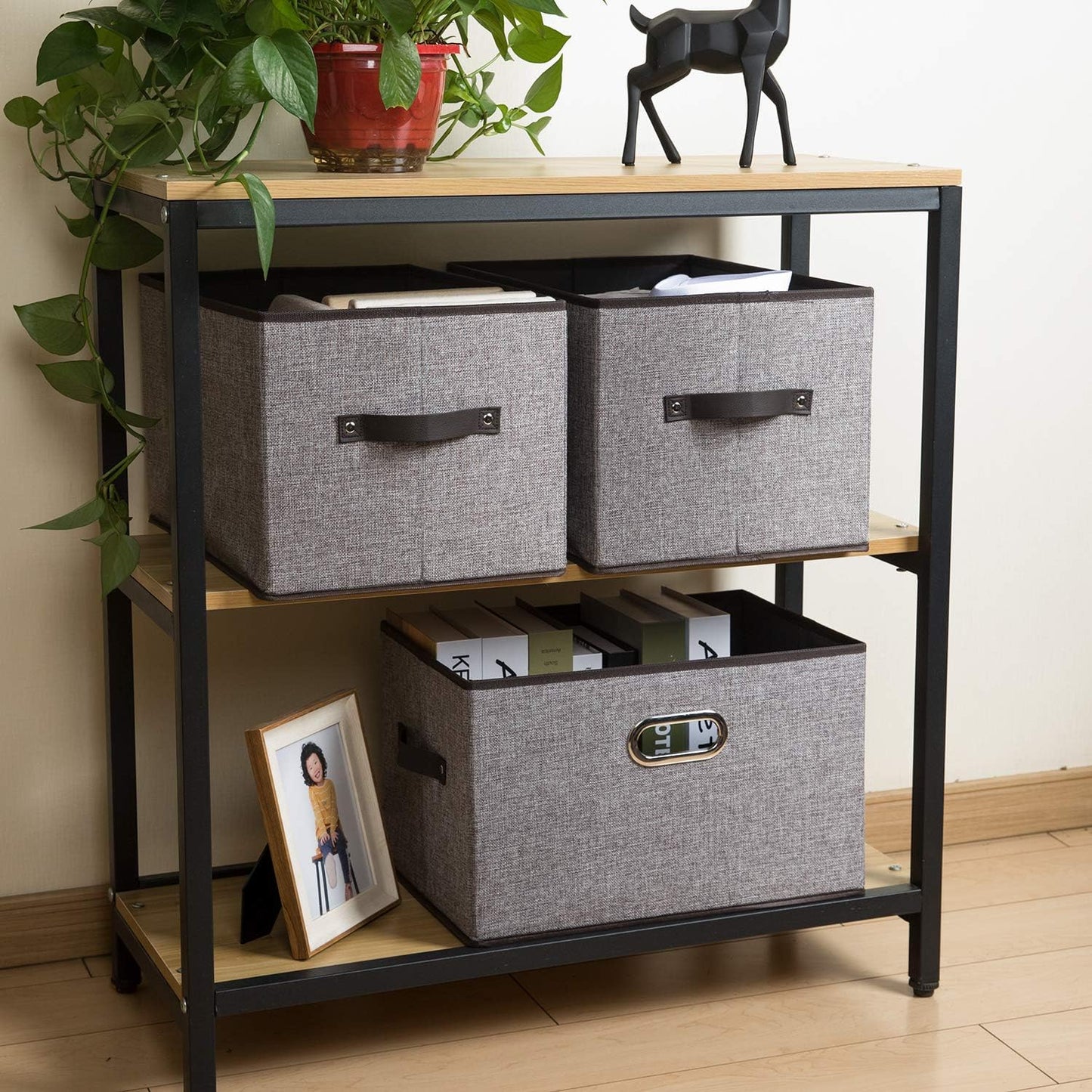 PRANDOM Larger Collapsible Storage Bins for Closet [3-pack] Decorative Linen Fabric Storage Baskets Cubes with Leather/Metal Handles for Living Room Cloth Grey and Black Trim (17.3x12.2x10.4 Inch)