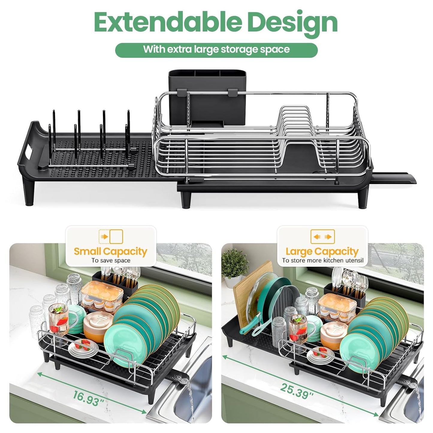 Expandable Dish Drying Rack, Foldable Dish Rack for Kitchen Counter, Stainless Steel Collapsible Dish Drainer Racks with Cutlery Holder, Black