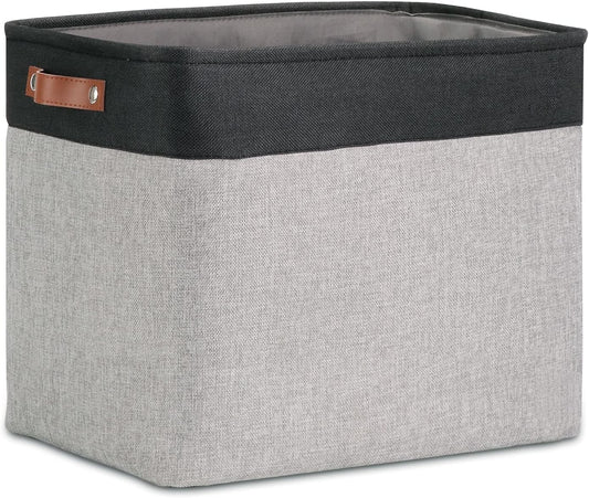 DULLEMELO Large Collapsible Storage Basket/Bin with Sturdy Leather Handles, Fabric Organizer Bin for Storage Clothes, Toys, Books, Office, Bedroom, Closet, Nursery & Laundry (Black&Gray)