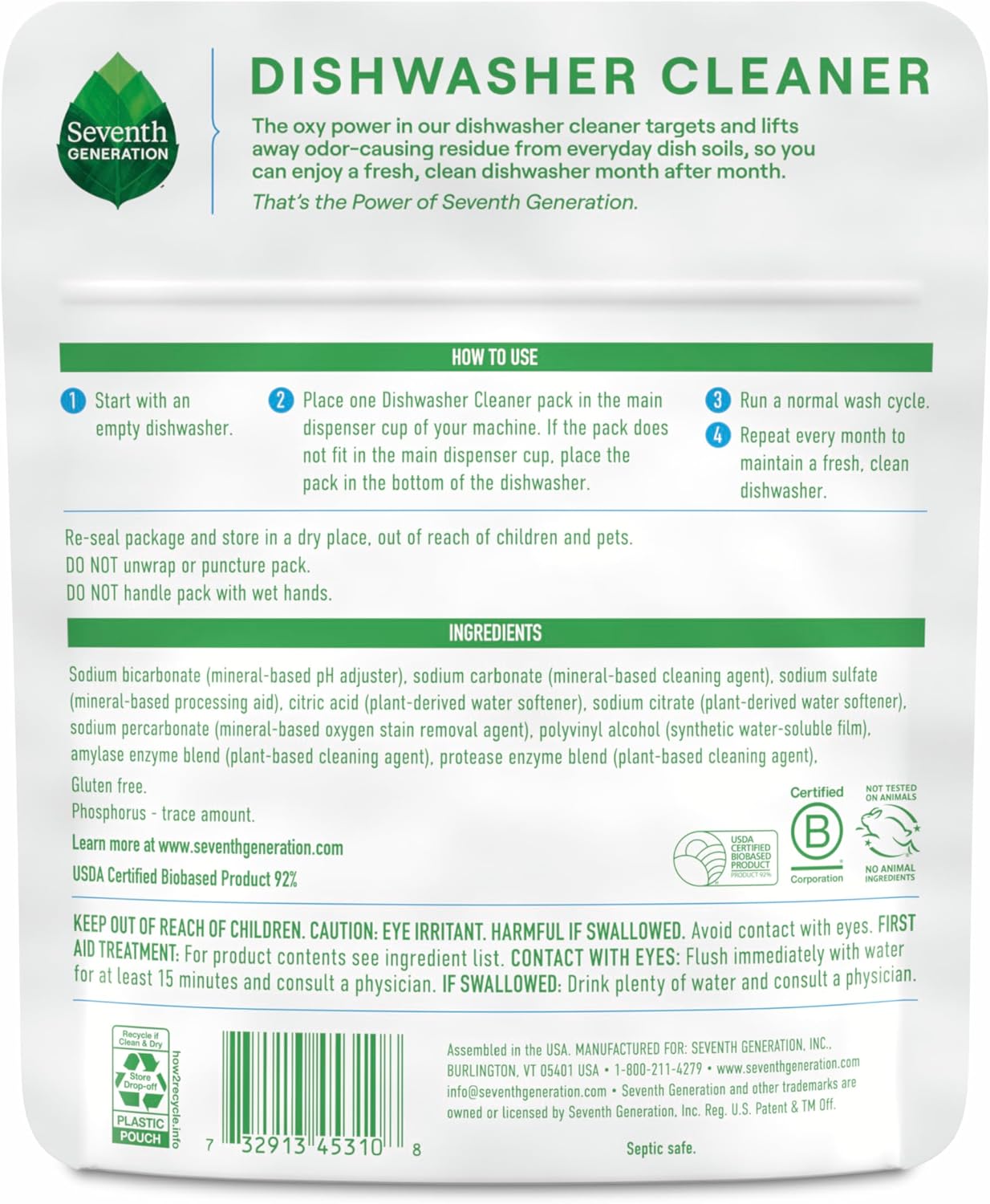 Seventh Generation Dishwasher Cleaning Packs 6 Count Free & Clear Removes odor-causing residue Powered by oxy power