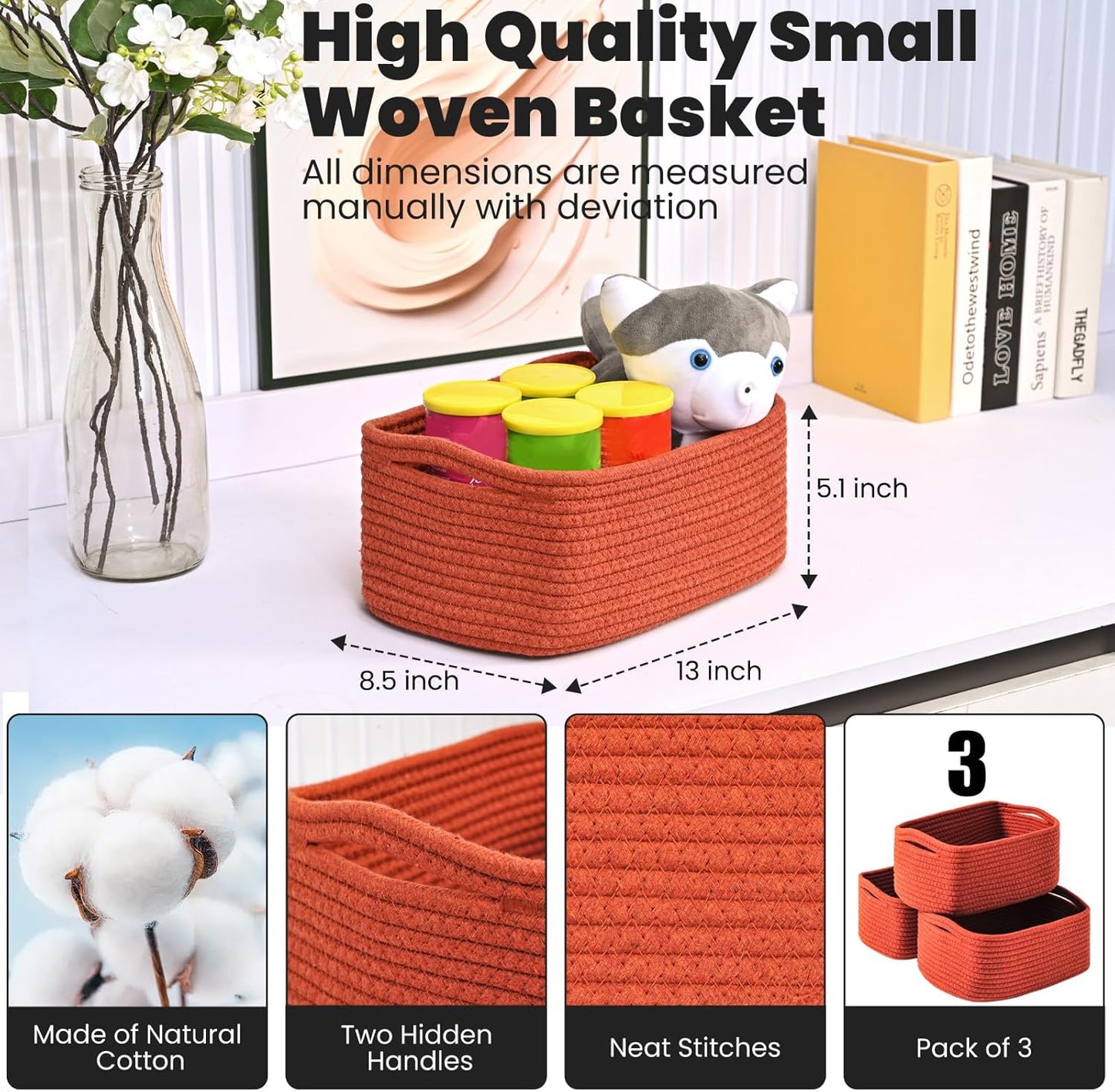 Small Red Woven Baskets for Organizing, Basket for Gifts Empty, Cotton Rope Baskets for Storage, Organizer Bins for Organization, 13"×8.5"×5.1" (3 Packs) Brick Red