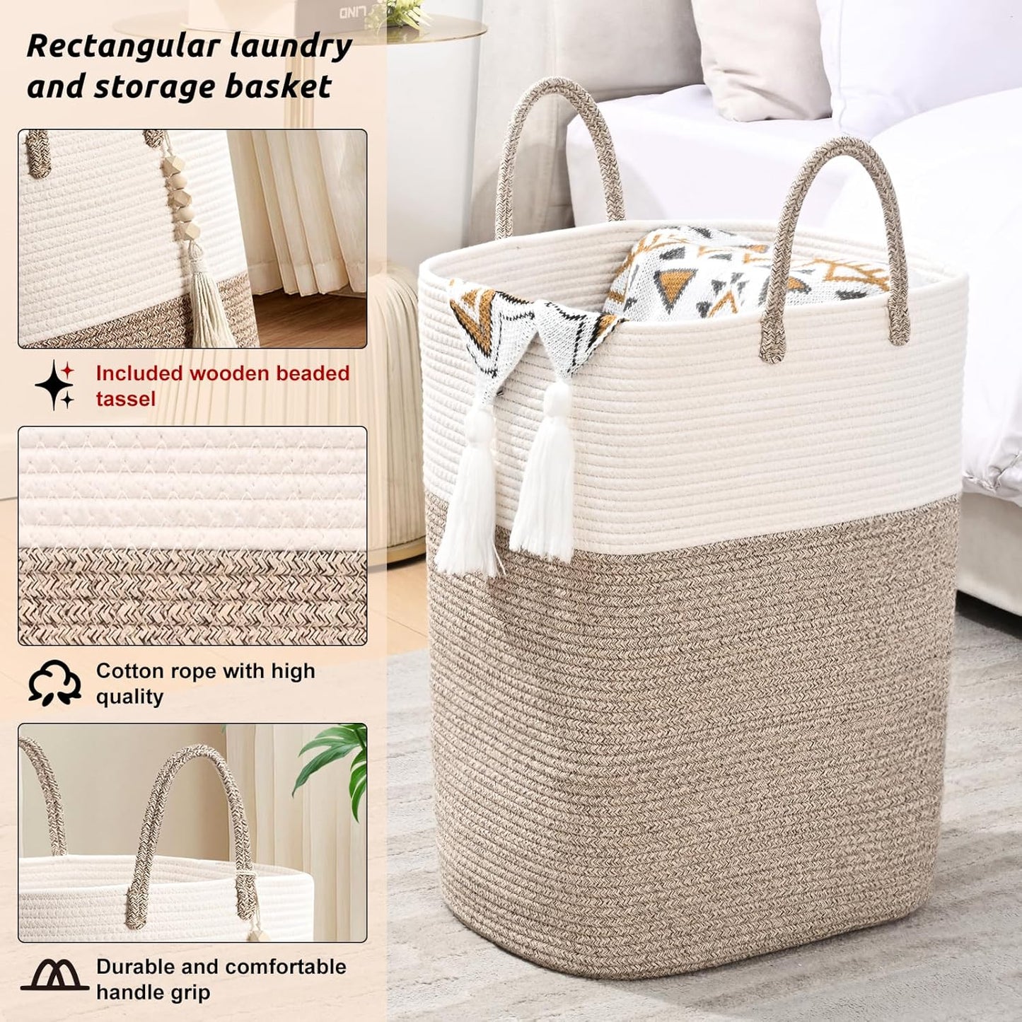 65L Woven Laundry Basket for Clothes, Large Rectangle Laundry Hampers with Beads Tassel, Nursery Storage Basket for Toys, Tall Dirty Clothes Hamper for Bedroom Aesthetic, Laundry Room Organization