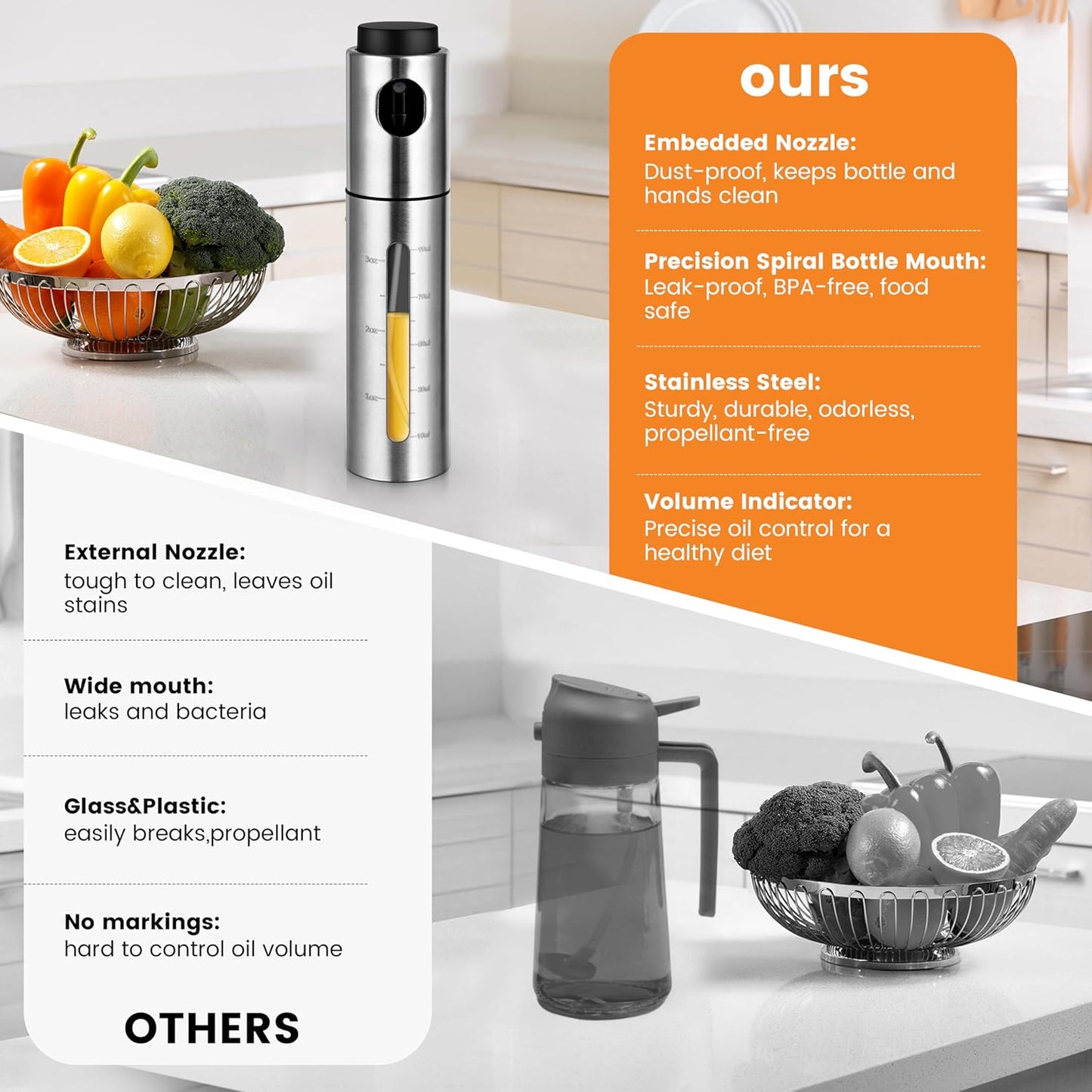 2 Pack Oil Bottle for Cooking,100ml Stainless Steel Cooking Oil Spray Bottle for Salads, BBQS and More,One-Handed Use (2 PCS)