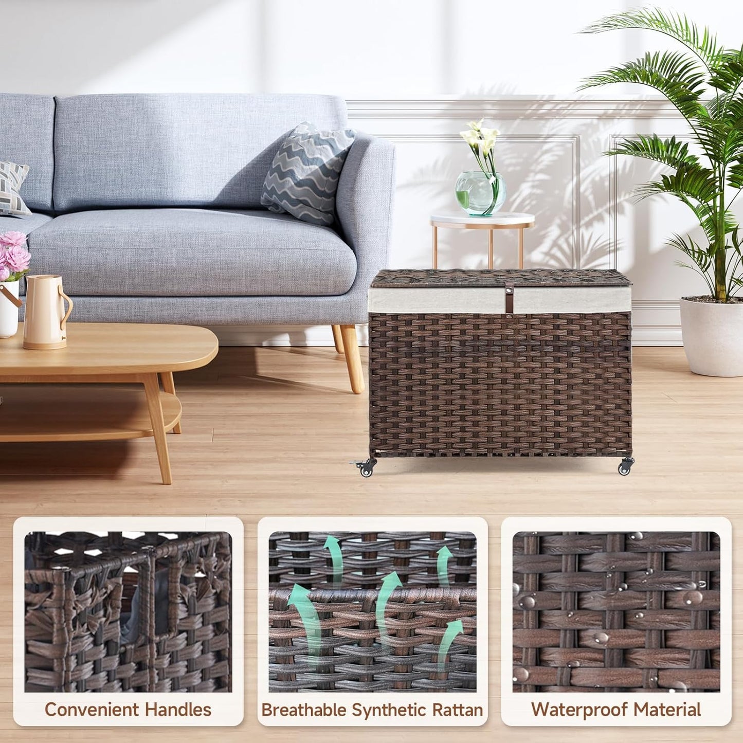 Rolling Storage Basket with Lid, 47.6 Gallon (180L) Storage Bin with Wheels, Woven Rattan Blanket Storage Basket with Handles, Foldable, Metal Frame, Removable Liner for Bedroom, Laundry Room, Brown