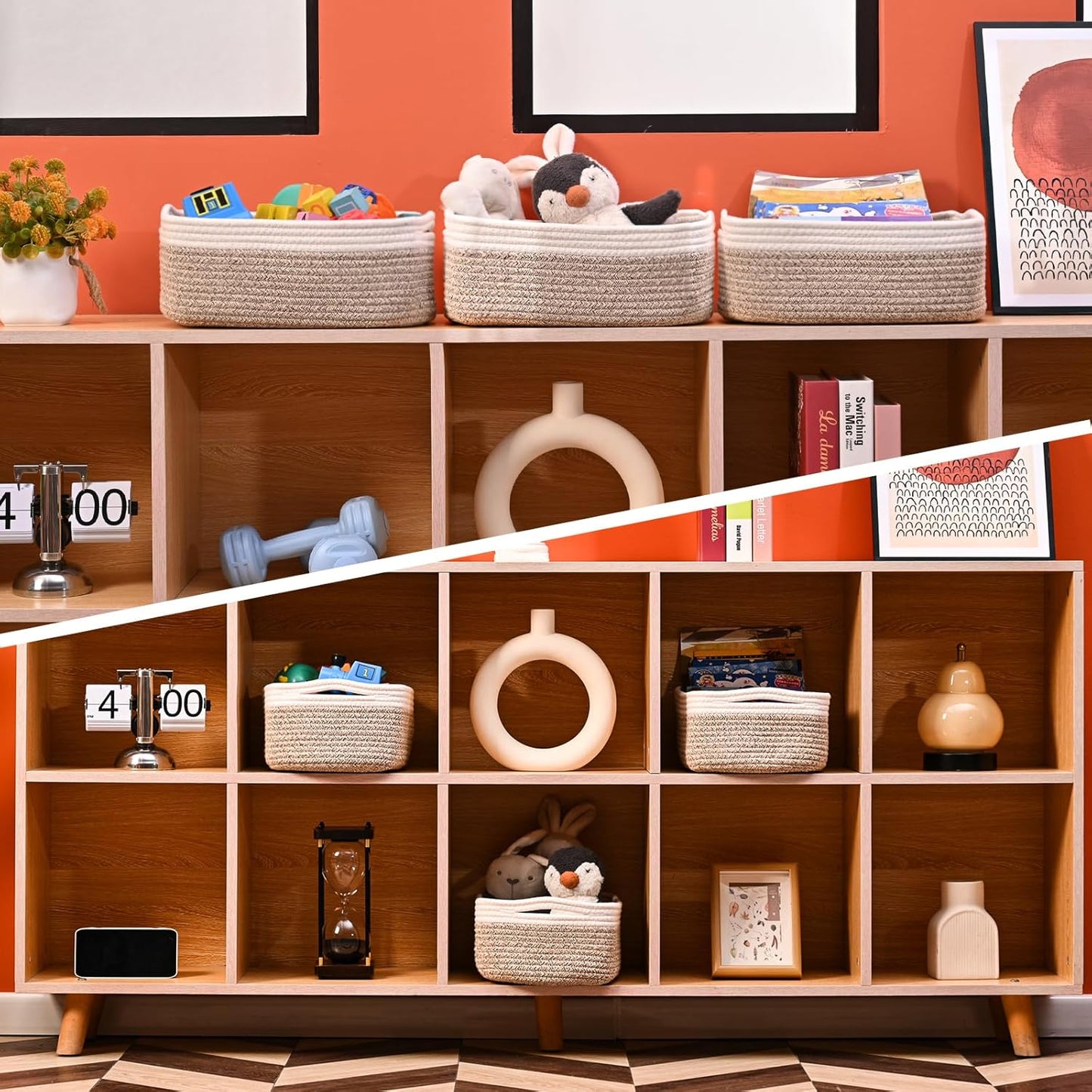 Small Baskets for Organizing, Decorative Storage Baskets for Shelves, Storage Bins, Woven Baskets for Storage, Mini Basket for Nursery, 13"×8.5"×5.1" (3 Packs) Off White & Brown