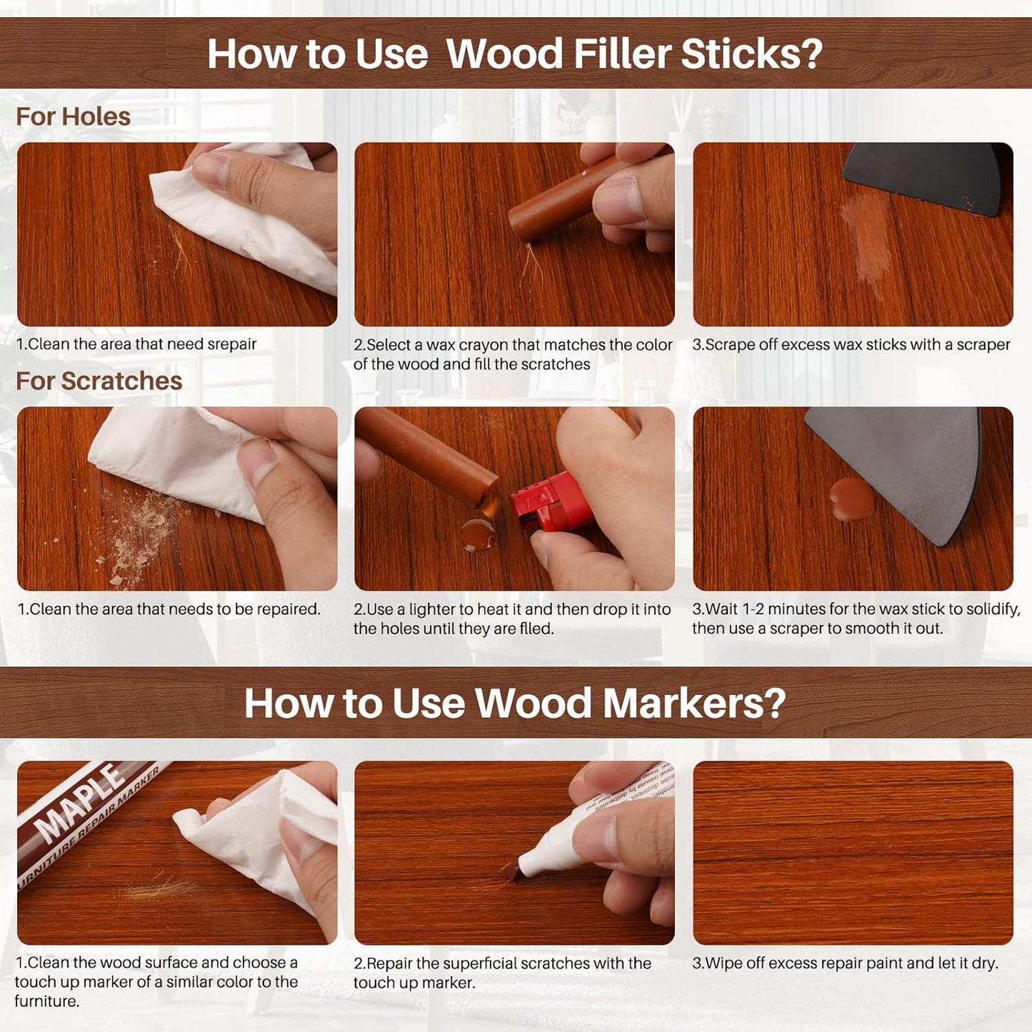 12 Colors Wood Filler Sticks Furniture Markers, Wood Floor Scratch Repair Kit for Repair Any Furniture Scratch, Scuffs, Cracks and Nail Holes on Wood Furniture, Floors, Doors, Cabinets, Tables