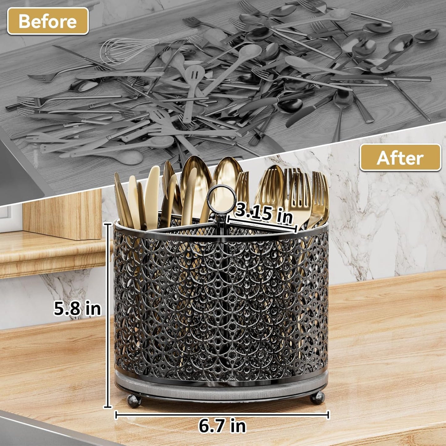 360° Rotating Utensil Holder Caddy - Fast-Drying Silverware Flatware Organizer - 4 Compartment Large Cutlery Holder with Handle For Kitchen Countertop Party Office Picnic Table Black